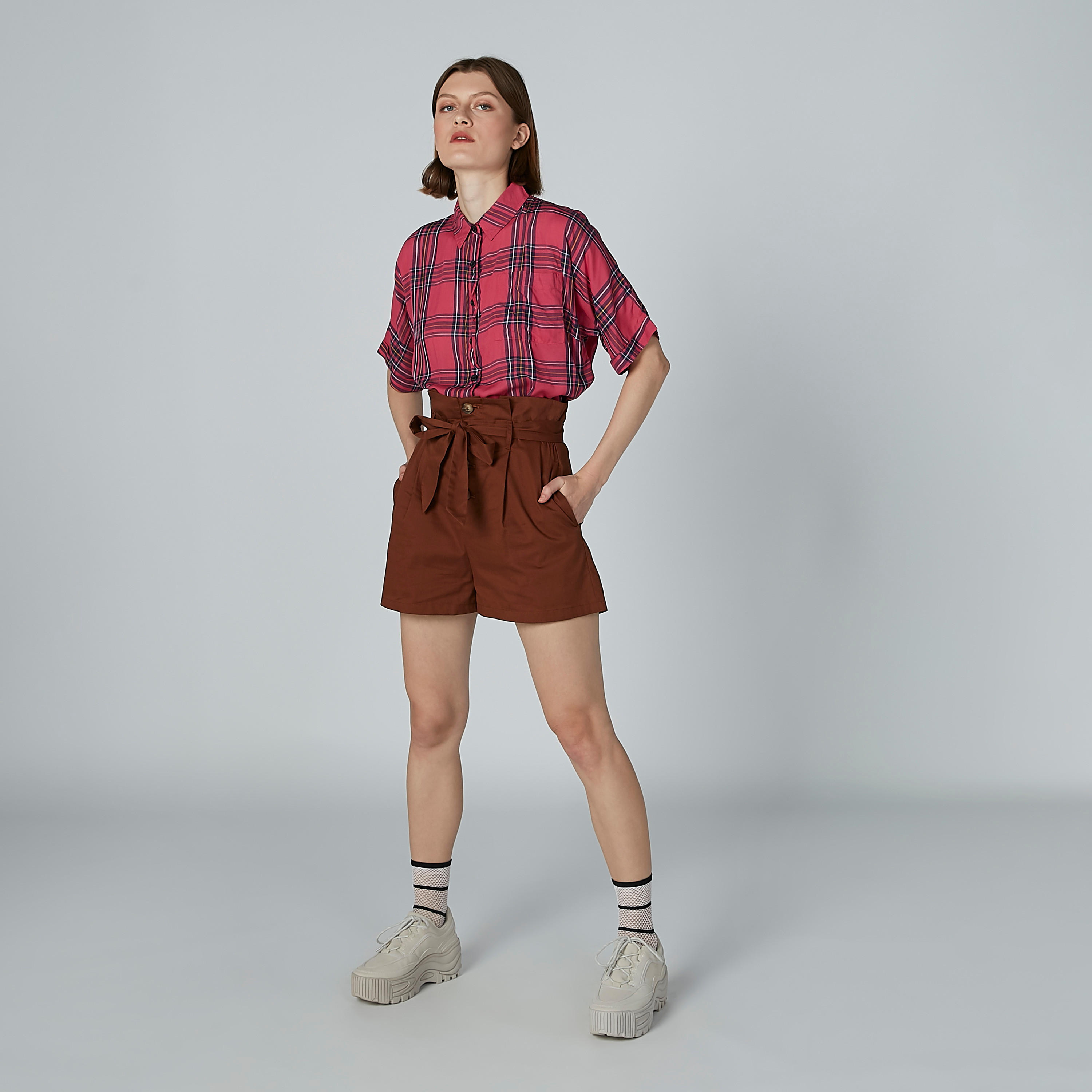 Sustainable Chequered Oversized Shirt with Short Sleeves-women-clothing-shirtsandblouses-shirts-image-5