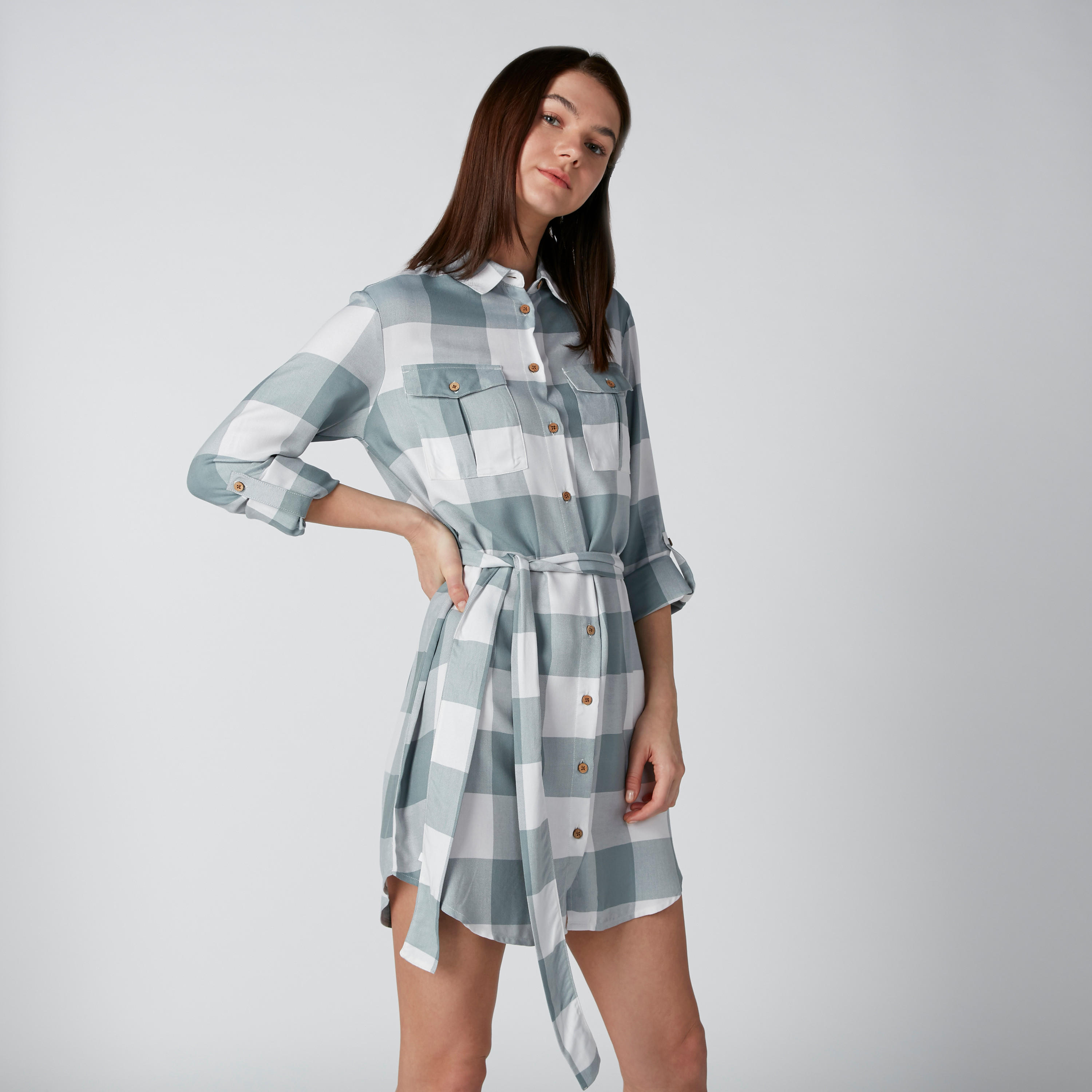 فستان قميص كاروهات بأكمام طويلة من لي كوبر-women-clothing-dresses-image-4