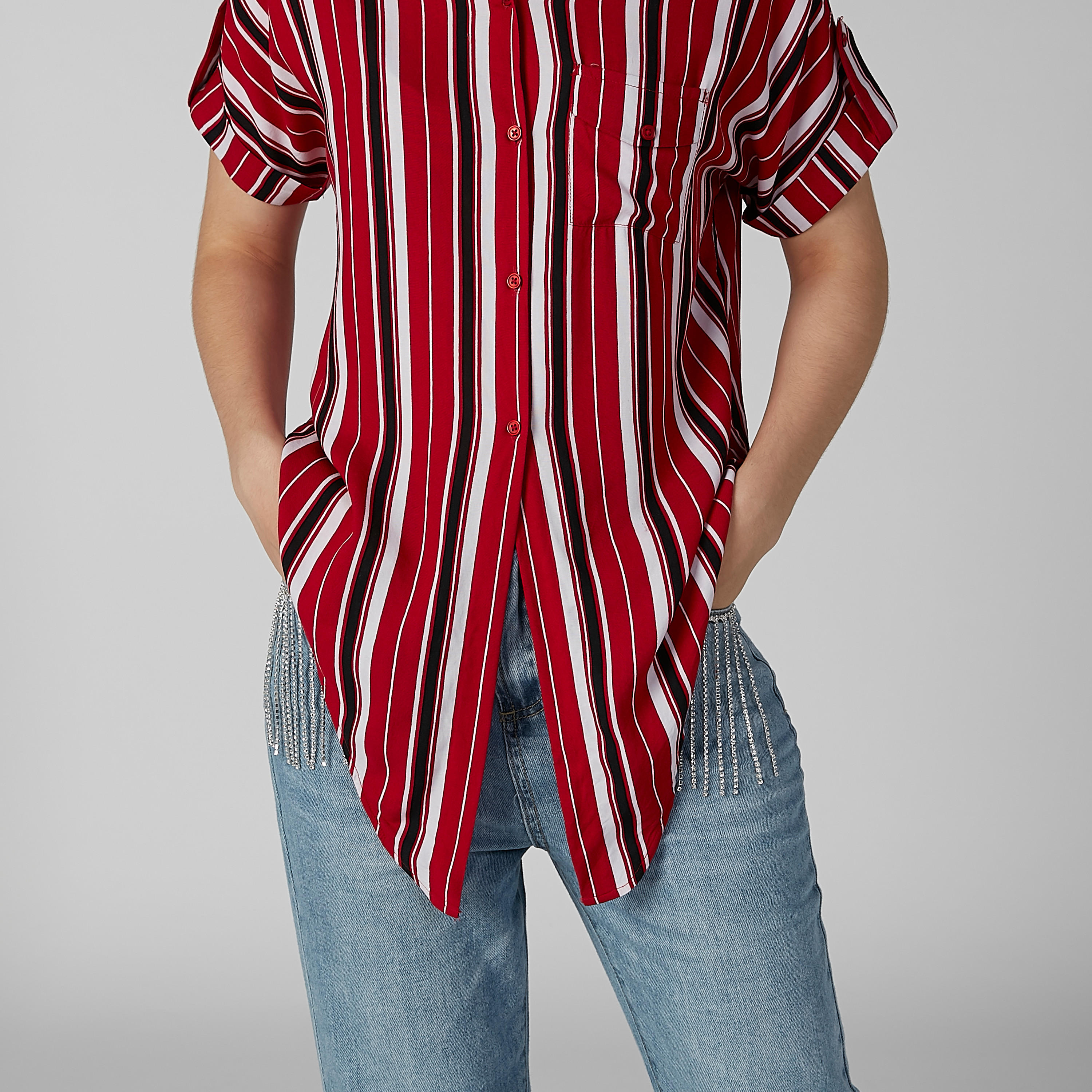 قميص مقلّم برباط وجيب على الصدر من لي كوبر-women-clothing-shirtsandblouses-shirts-image-4