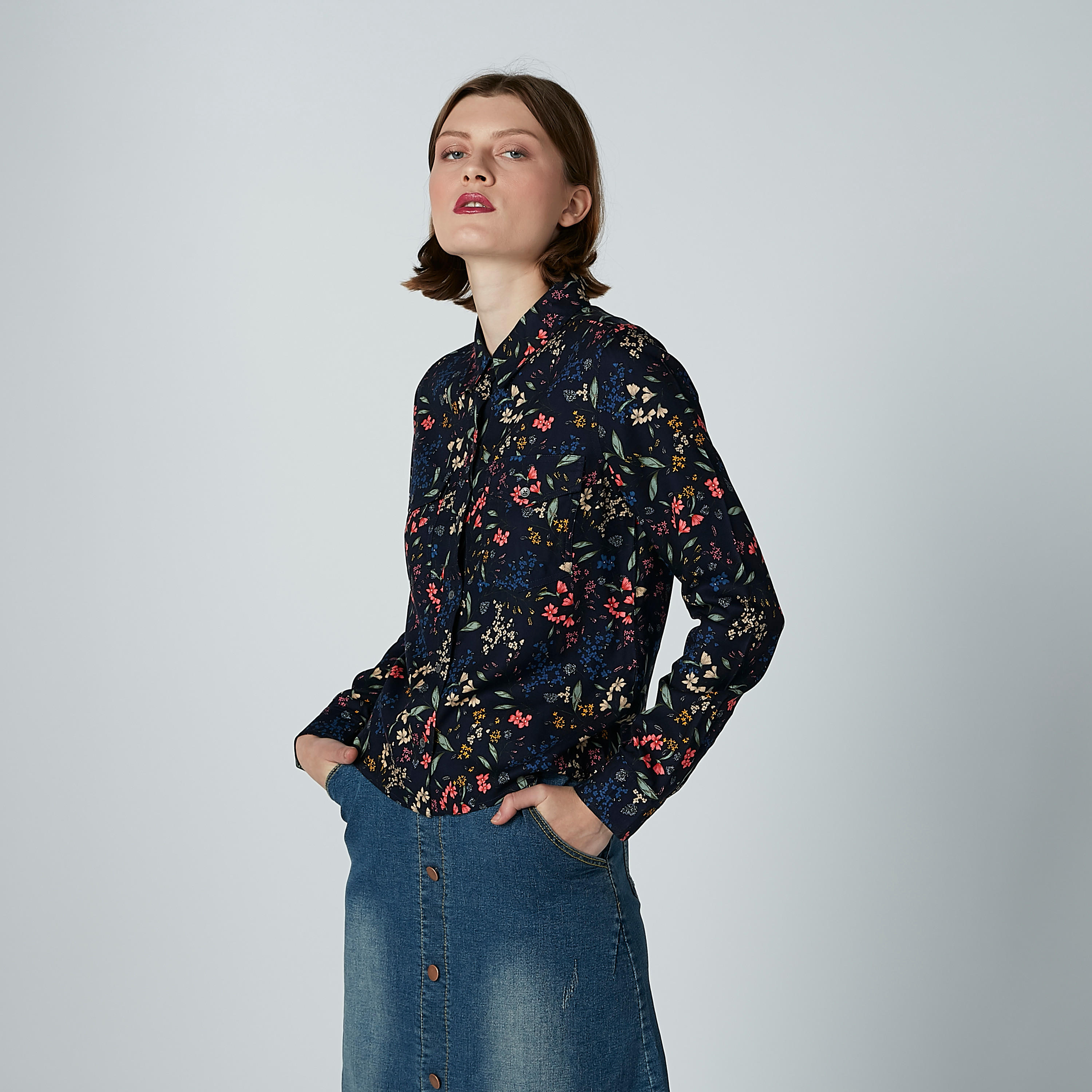 Lee Cooper Floral Printed Shirt with Long Sleeves and Spread Collar-women-clothing-shirtsandblouses-shirts-image-1