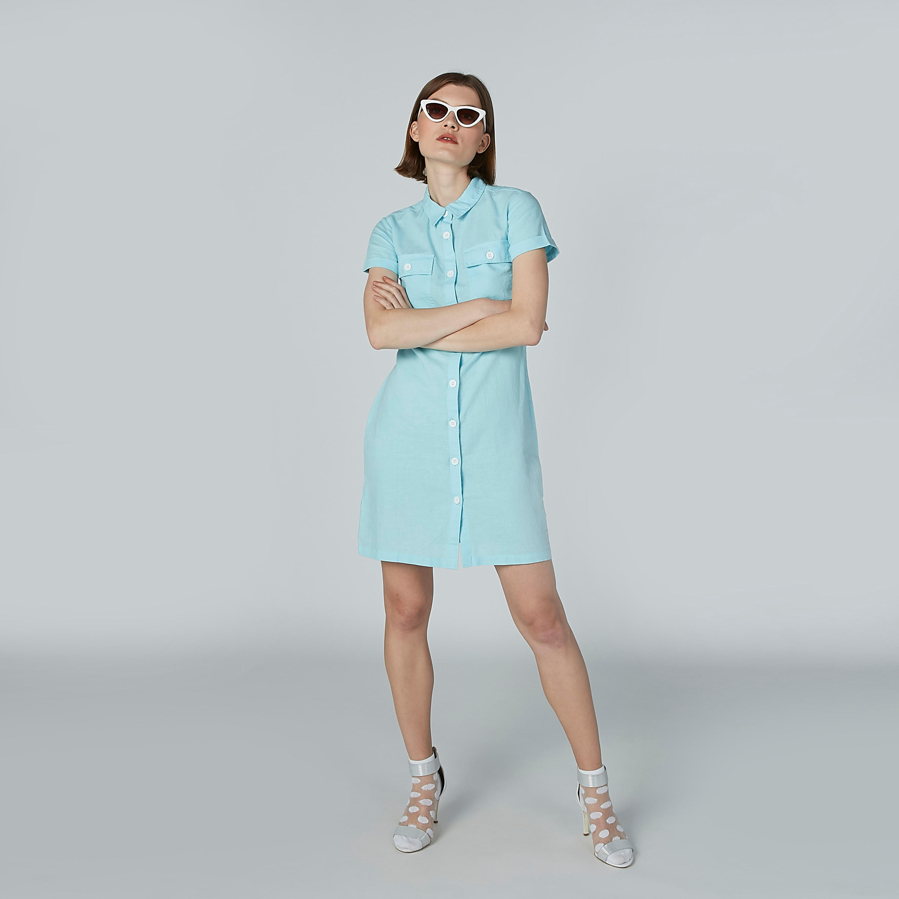 فستان قميص سادة متوسط الطول بجيوب من لي كوبر-women-clothing-dresses-image-2