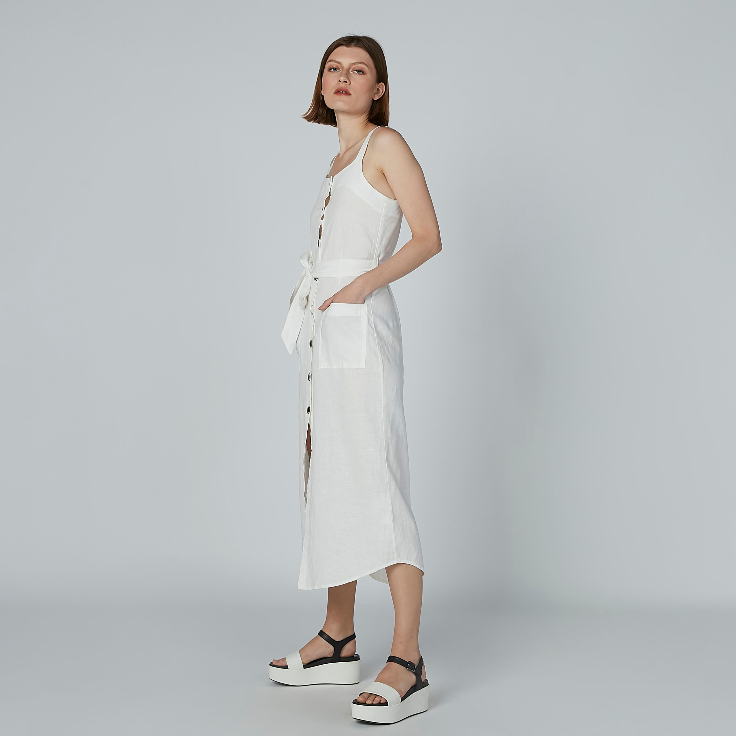 فستان سادة إيه لاين متوسط الطول بجيوب-women-clothing-dresses-image-1