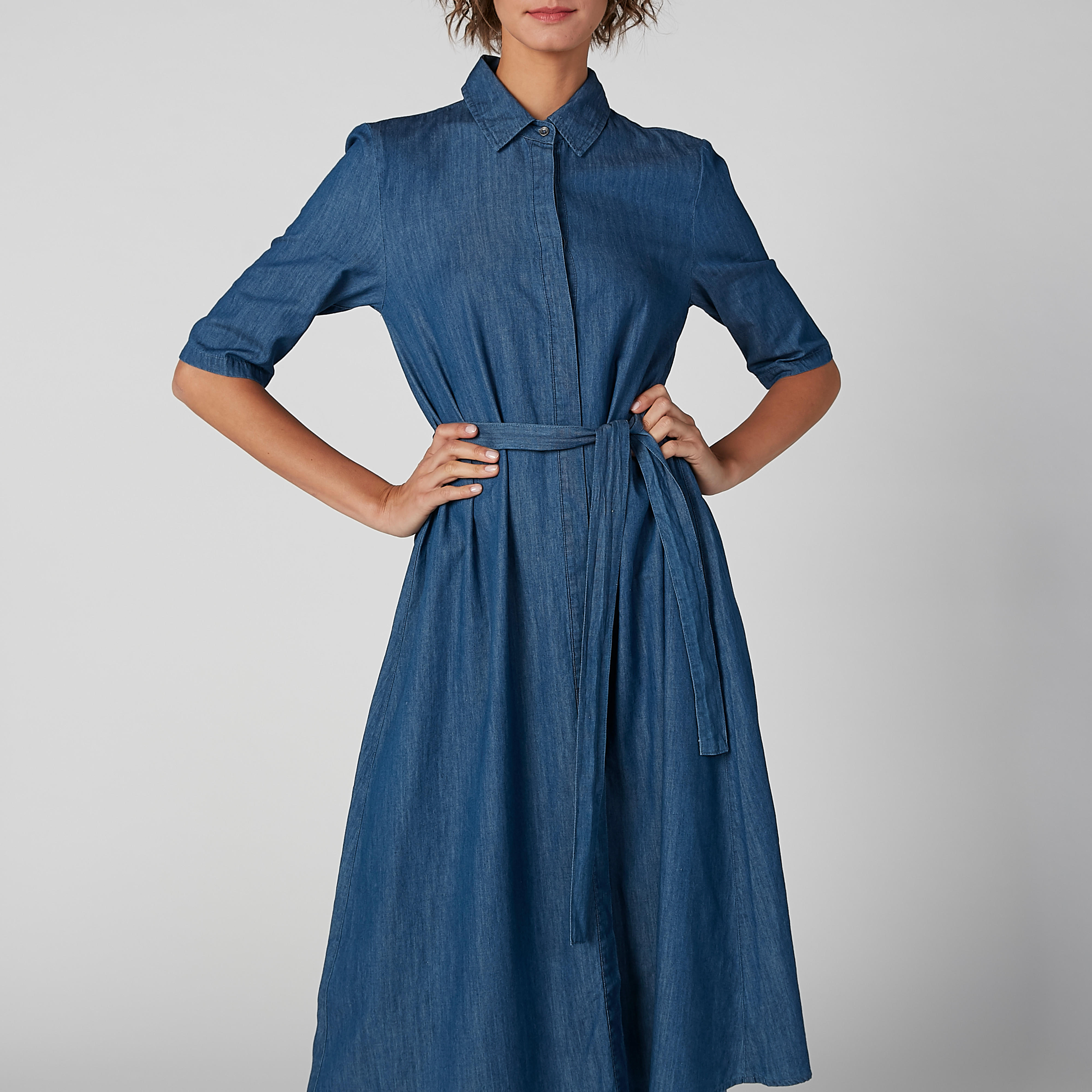 فستان سادة إيه لاين متوسط الطول بأزرار غير مرئية وأربطة من لي كوبر-women-clothing-dresses-image-4