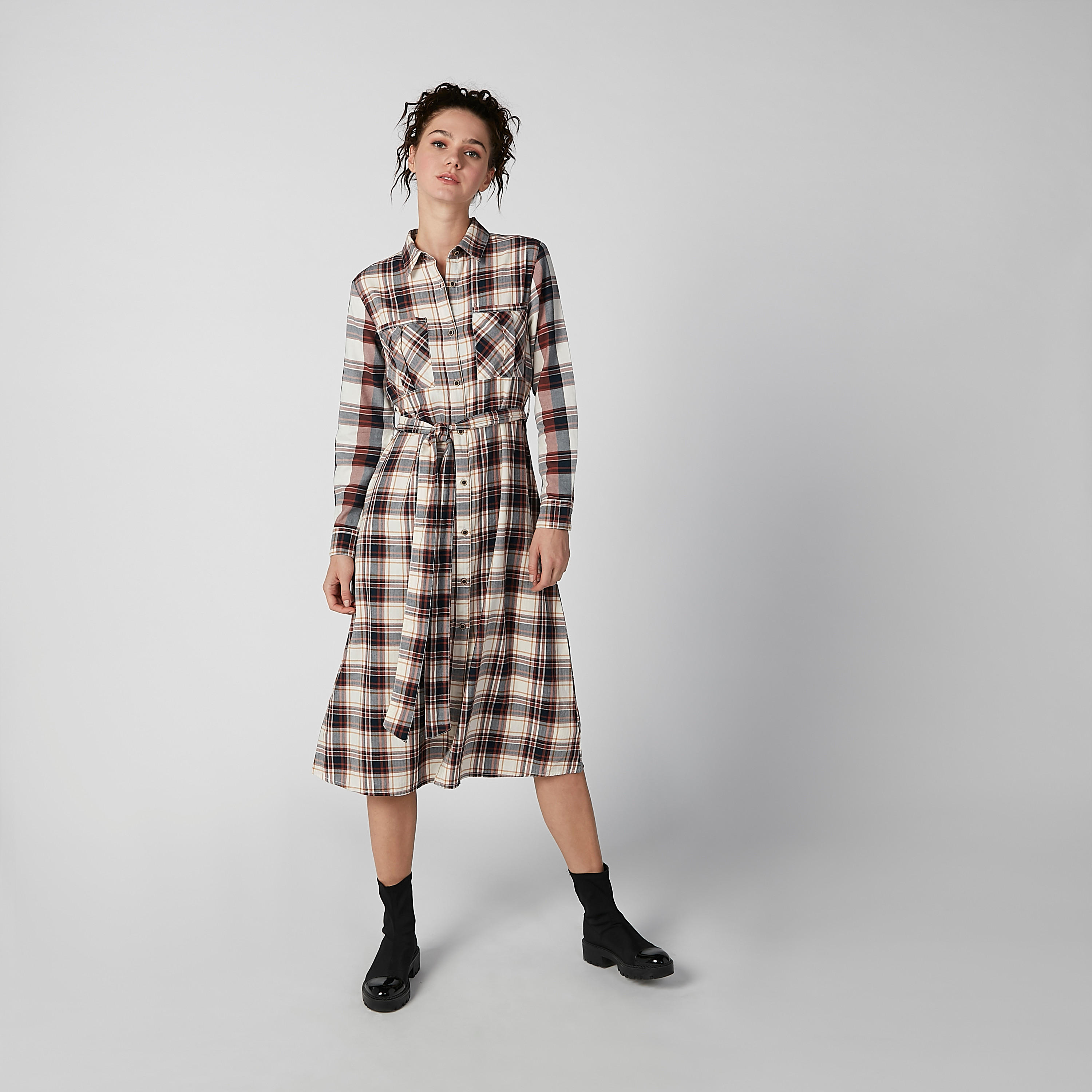 فستان قميص ميدي كاروهات بأكمام طويلة وأربطة-women-clothing-dresses-image-2