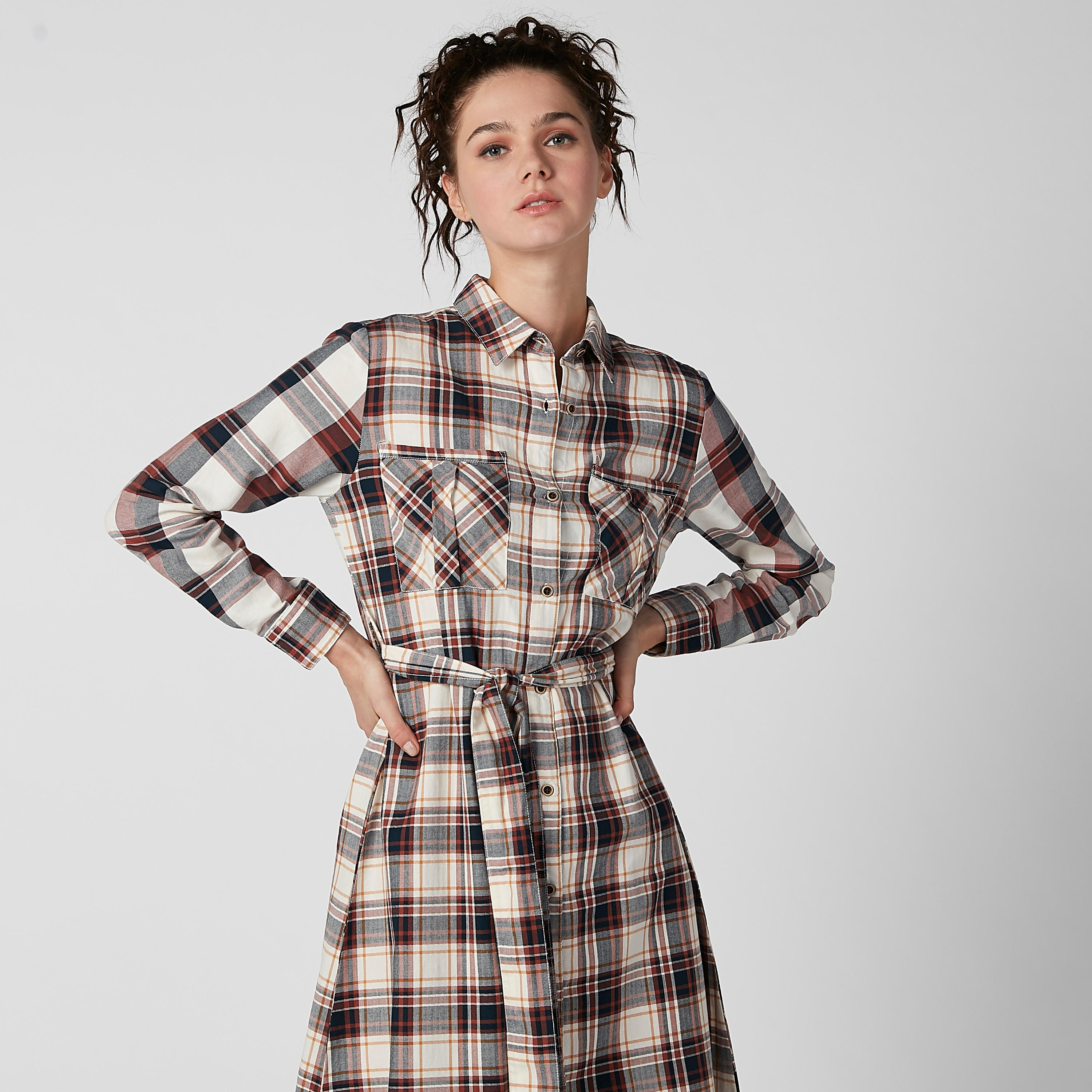 فستان قميص ميدي كاروهات بأكمام طويلة وأربطة-women-clothing-dresses-image-3