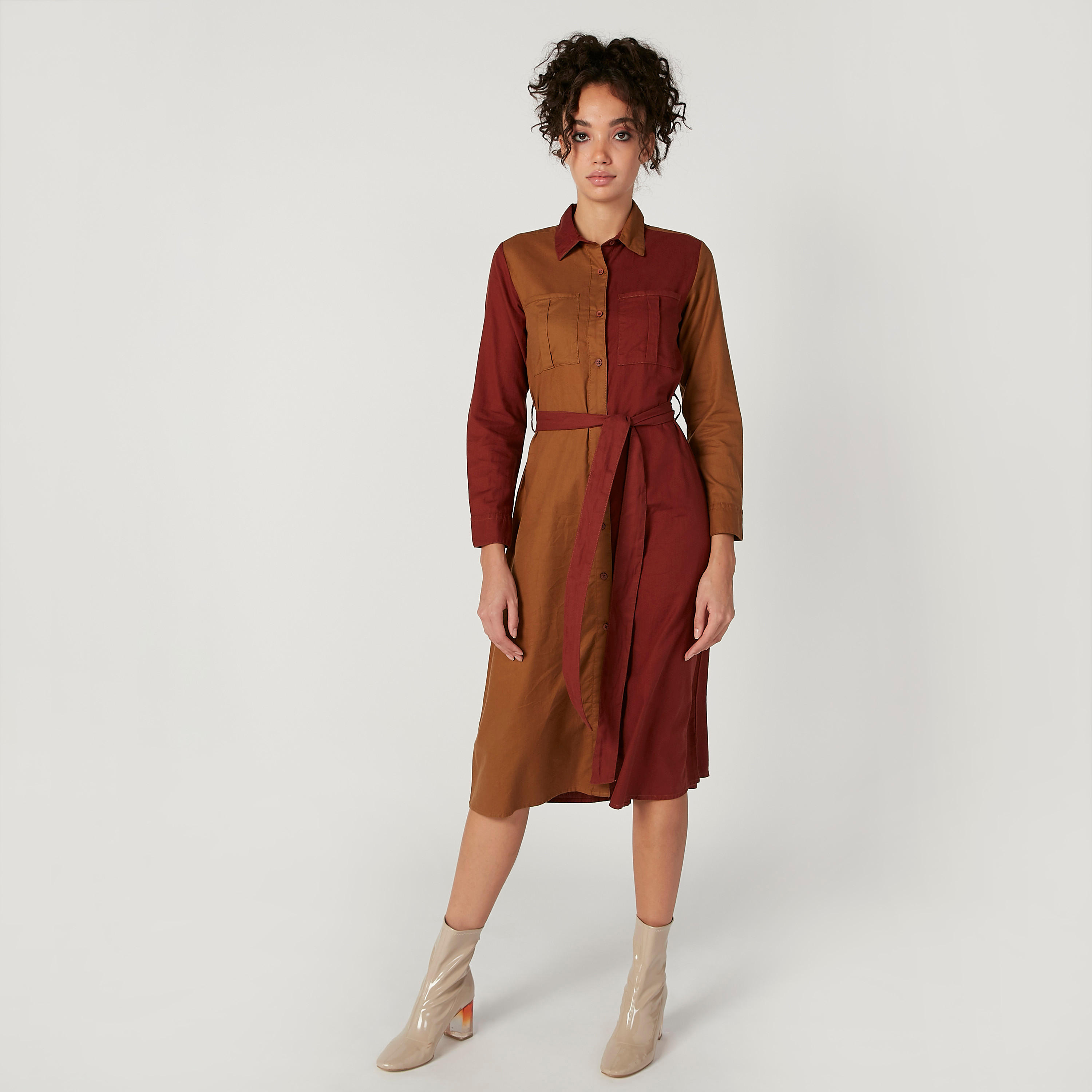 فستان قميص ميدي سادة بأكمام طويلة وأربطة-women-clothing-dresses-image-1