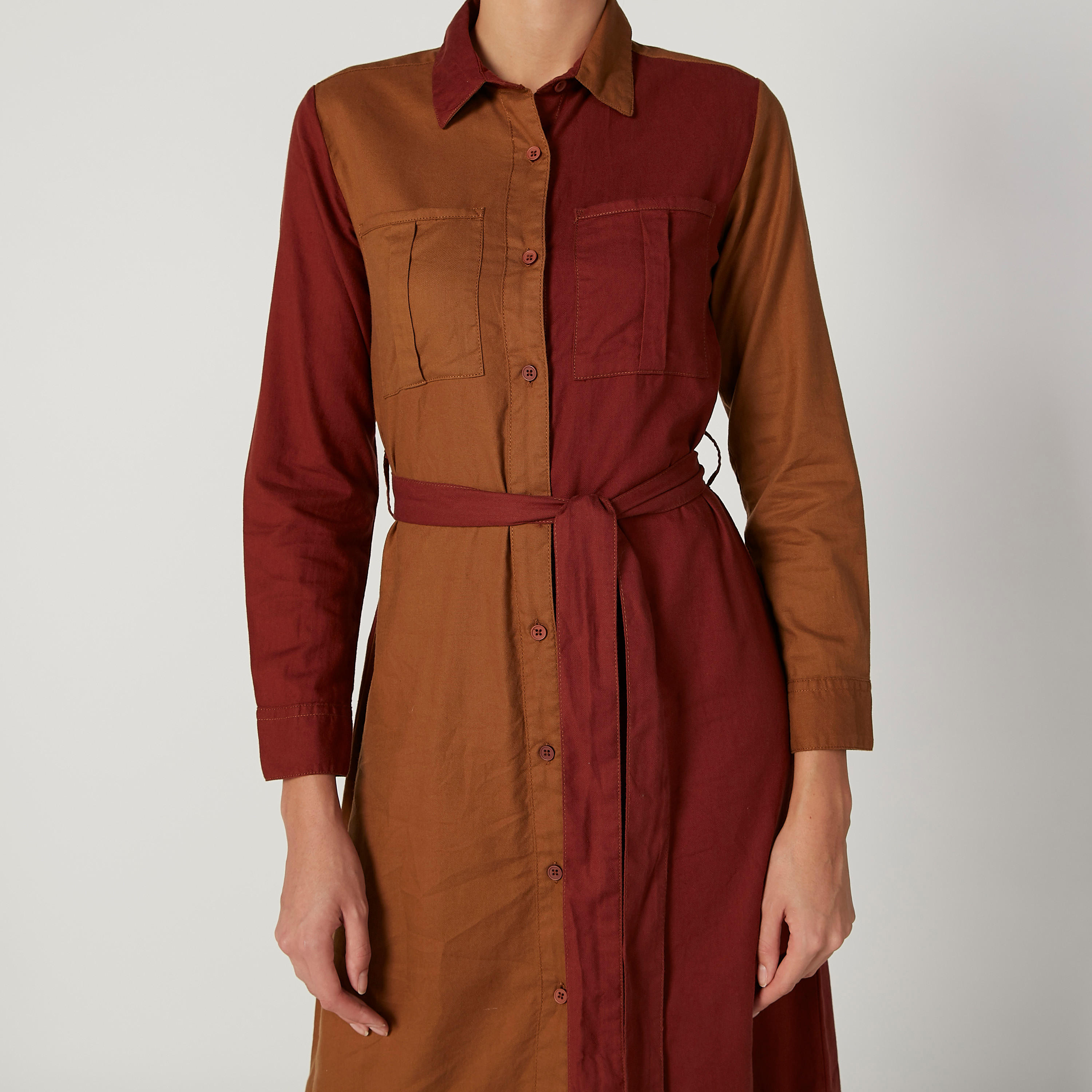 فستان قميص ميدي سادة بأكمام طويلة وأربطة-women-clothing-dresses-image-2