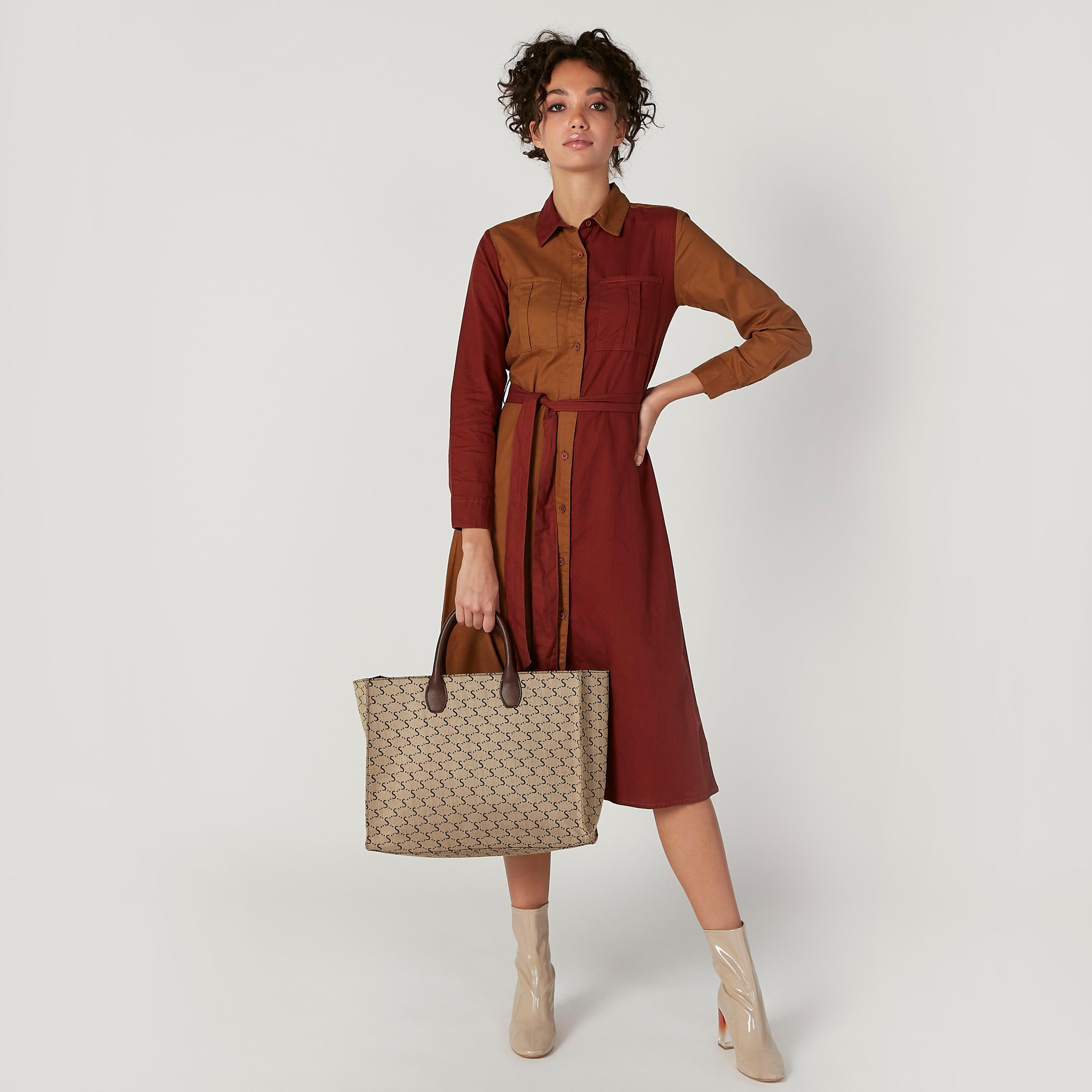فستان قميص ميدي سادة بأكمام طويلة وأربطة-women-clothing-dresses-image-5