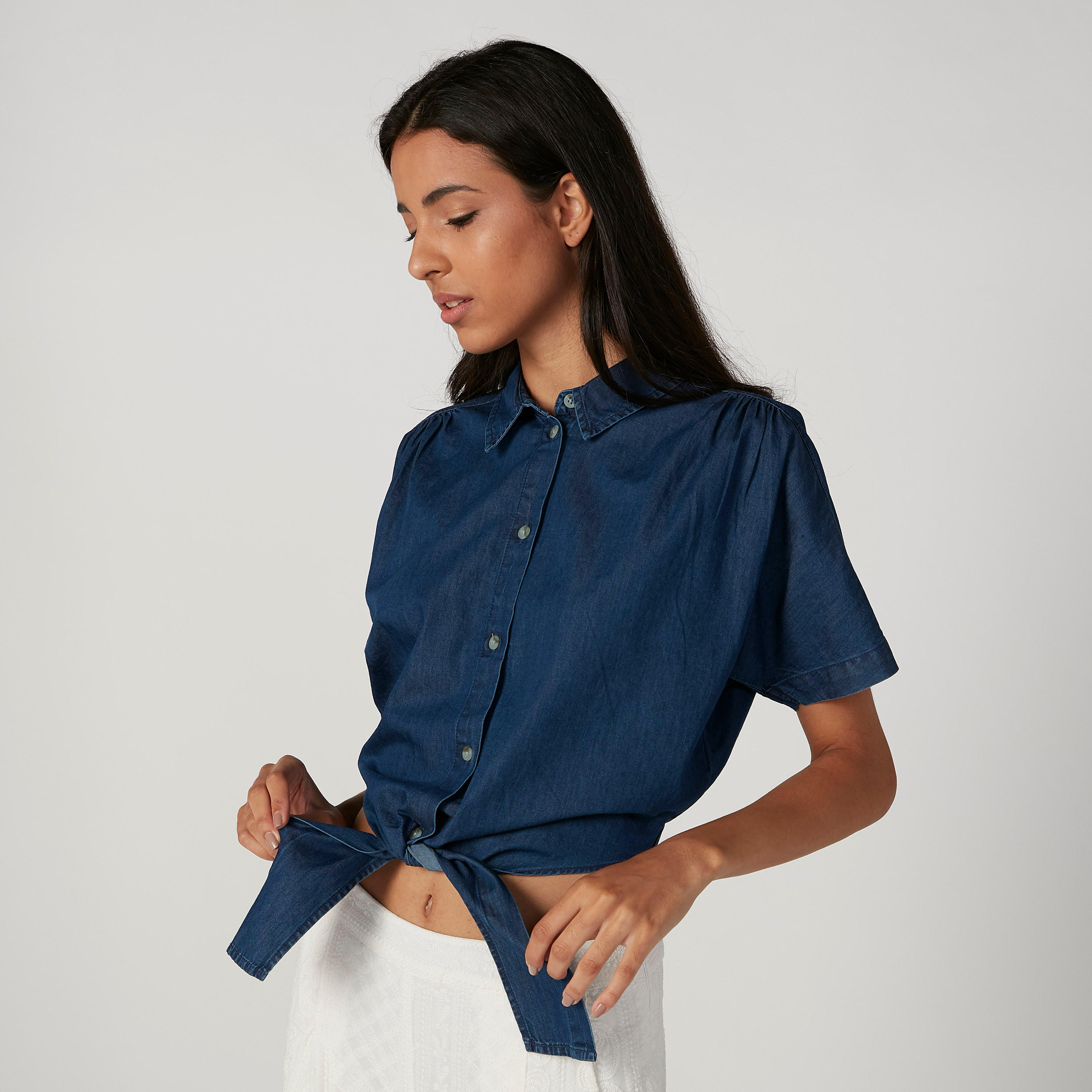 Sustainable Plain Crop Top with Short Sleeves and Tie Ups-women-clothing-shirtsandblouses-blouses-image-1