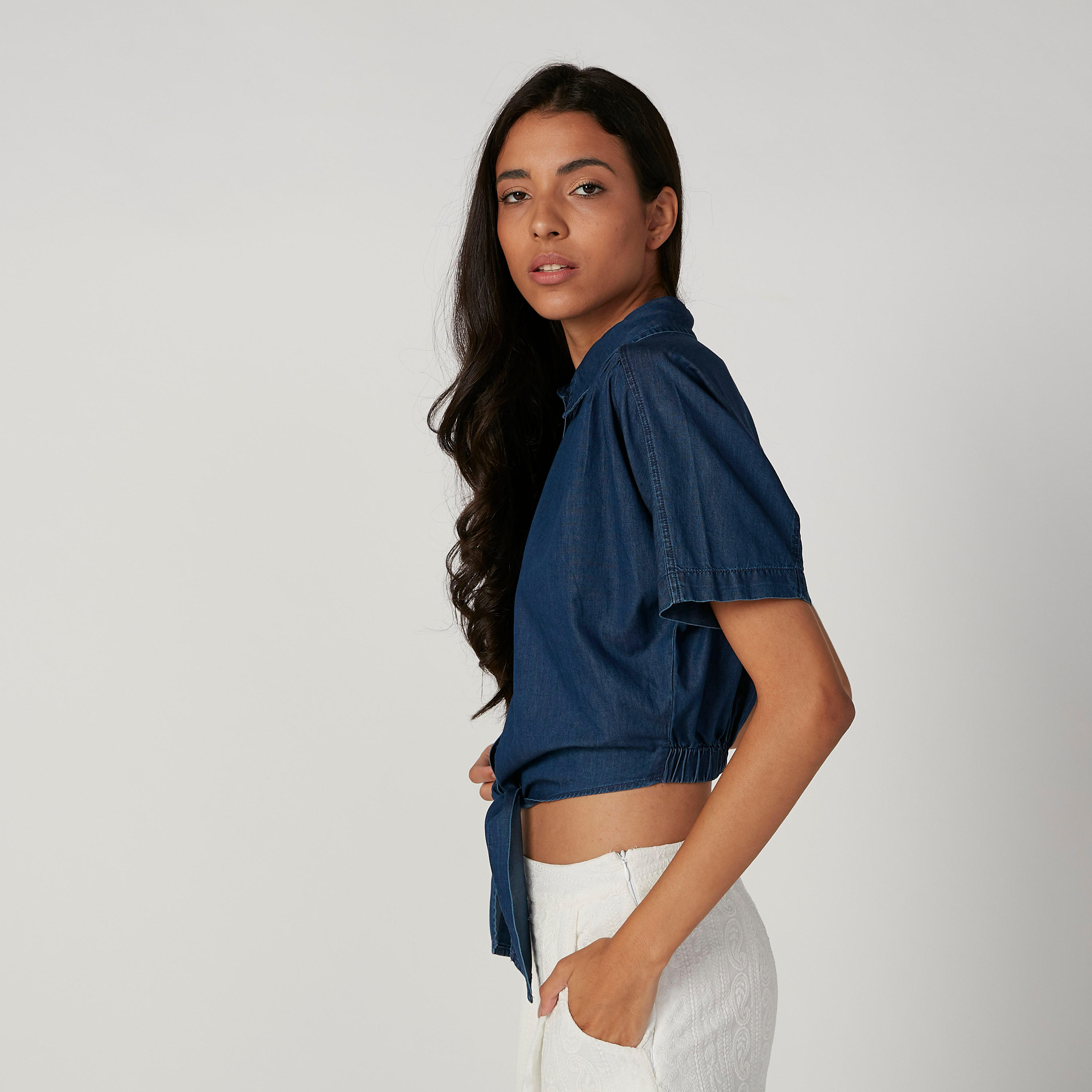 Sustainable Plain Crop Top with Short Sleeves and Tie Ups-women-clothing-shirtsandblouses-blouses-image-4