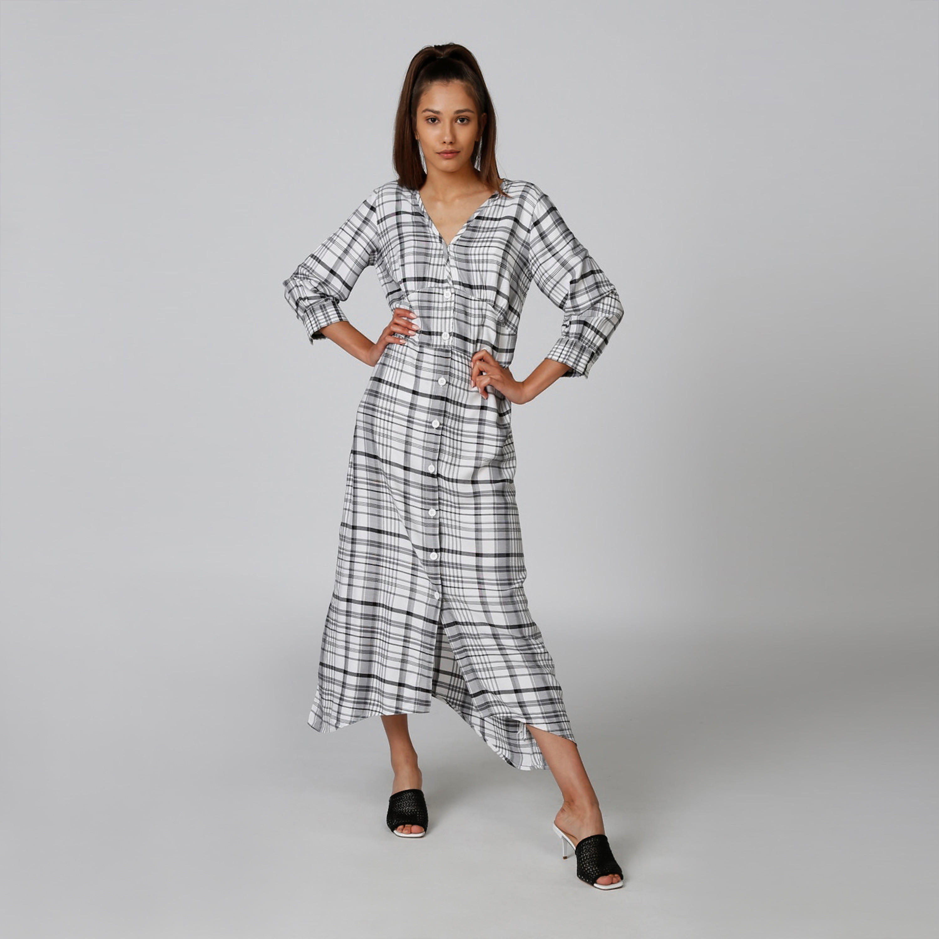 فستان قميص مستدام ريه لاين كاروهات طويل بأكمام 3/4-women-clothing-dresses-image-1