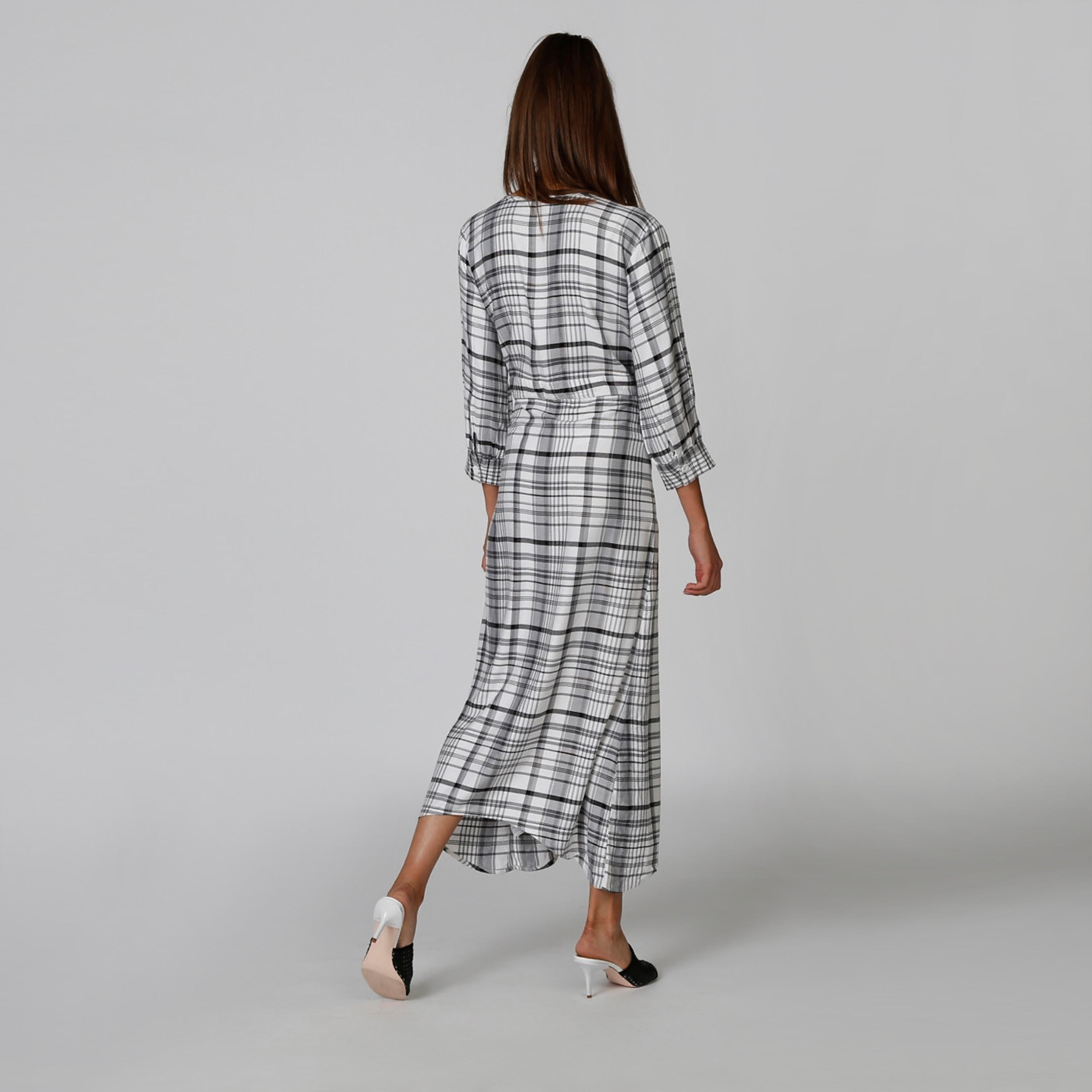 فستان قميص مستدام ريه لاين كاروهات طويل بأكمام 3/4-women-clothing-dresses-image-2