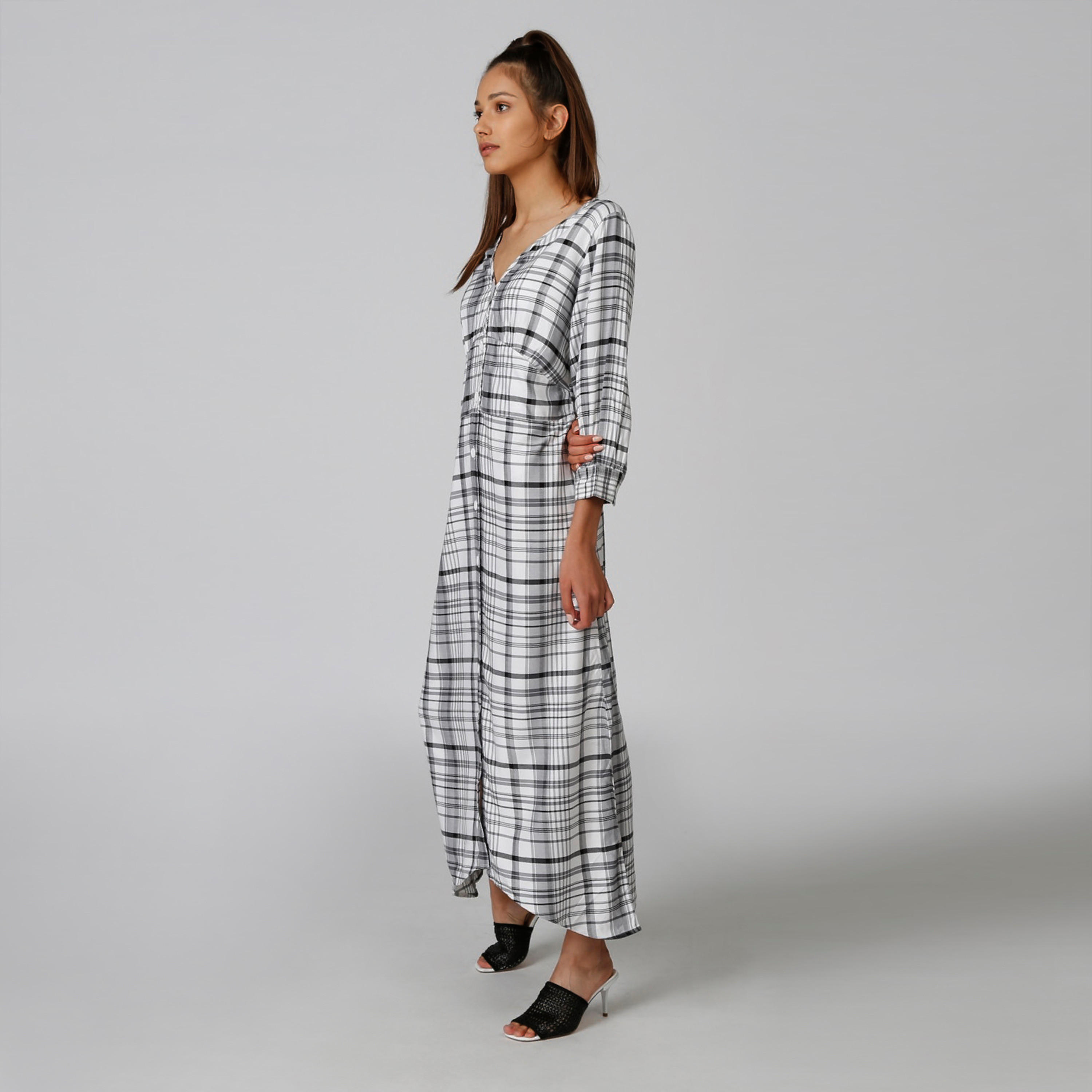فستان قميص مستدام ريه لاين كاروهات طويل بأكمام 3/4-women-clothing-dresses-image-3