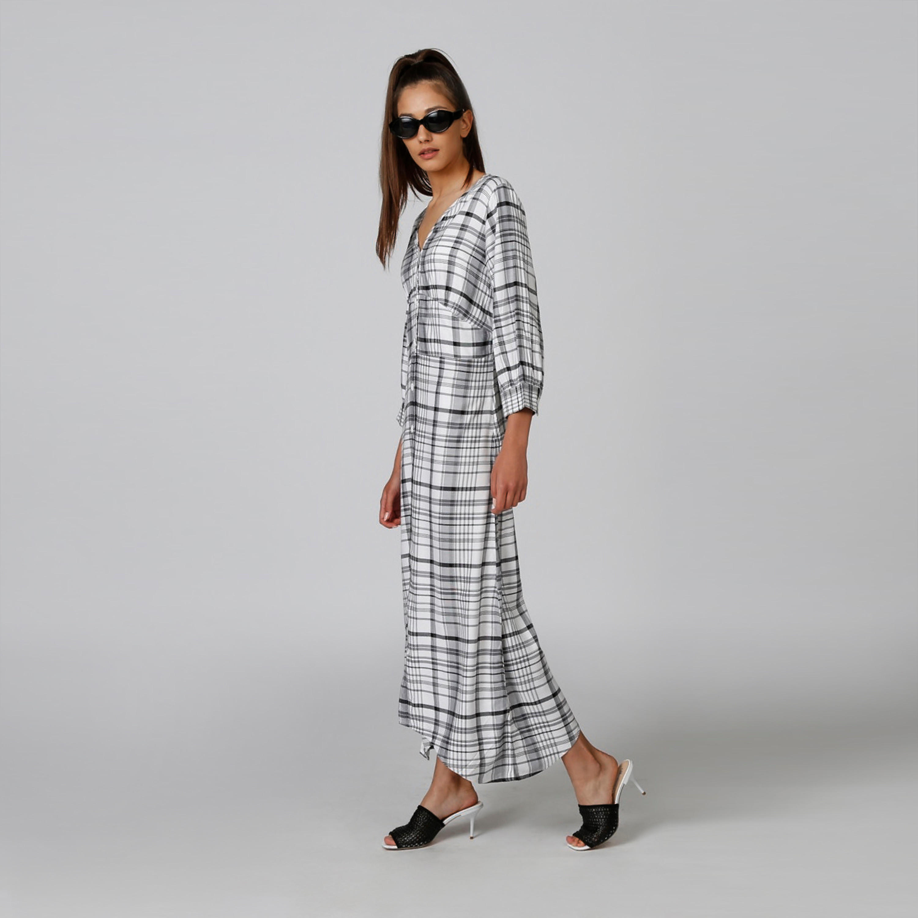 فستان قميص مستدام ريه لاين كاروهات طويل بأكمام 3/4-women-clothing-dresses-image-4