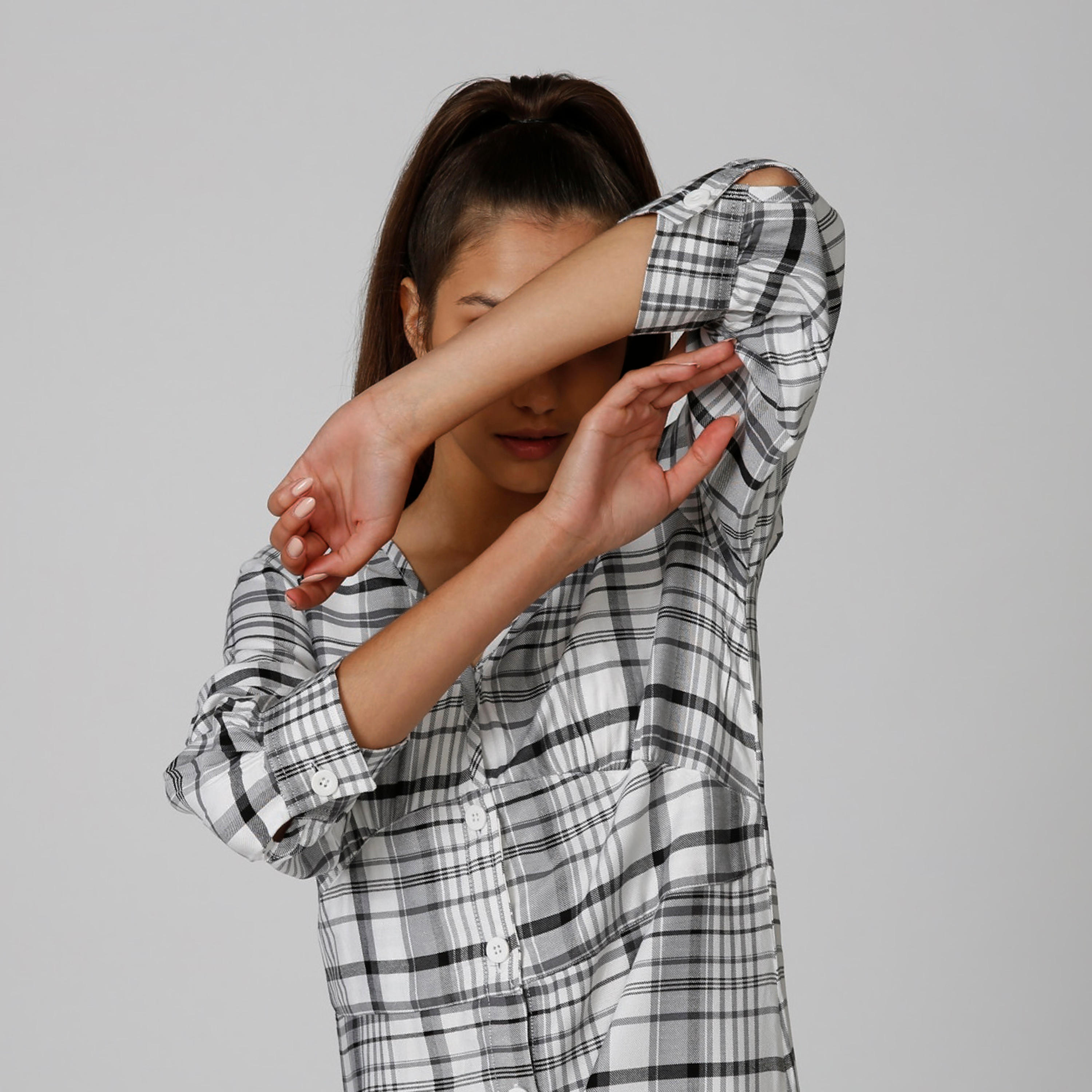 فستان قميص مستدام ريه لاين كاروهات طويل بأكمام 3/4-women-clothing-dresses-image-6