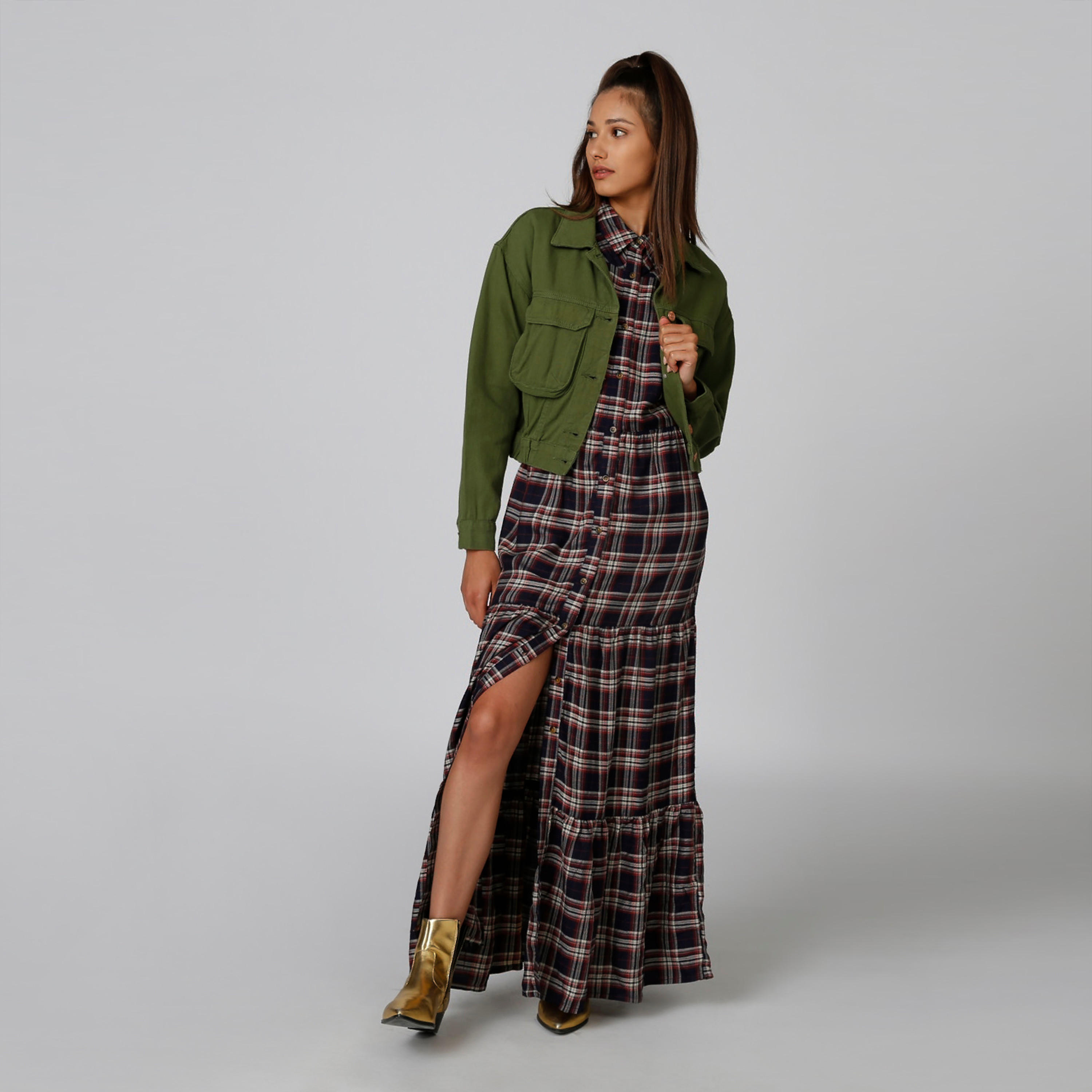 فستان قميص مستدام طويل إيه لاين كاروهات بأكمام قصيرة -women-clothing-dresses-image-1