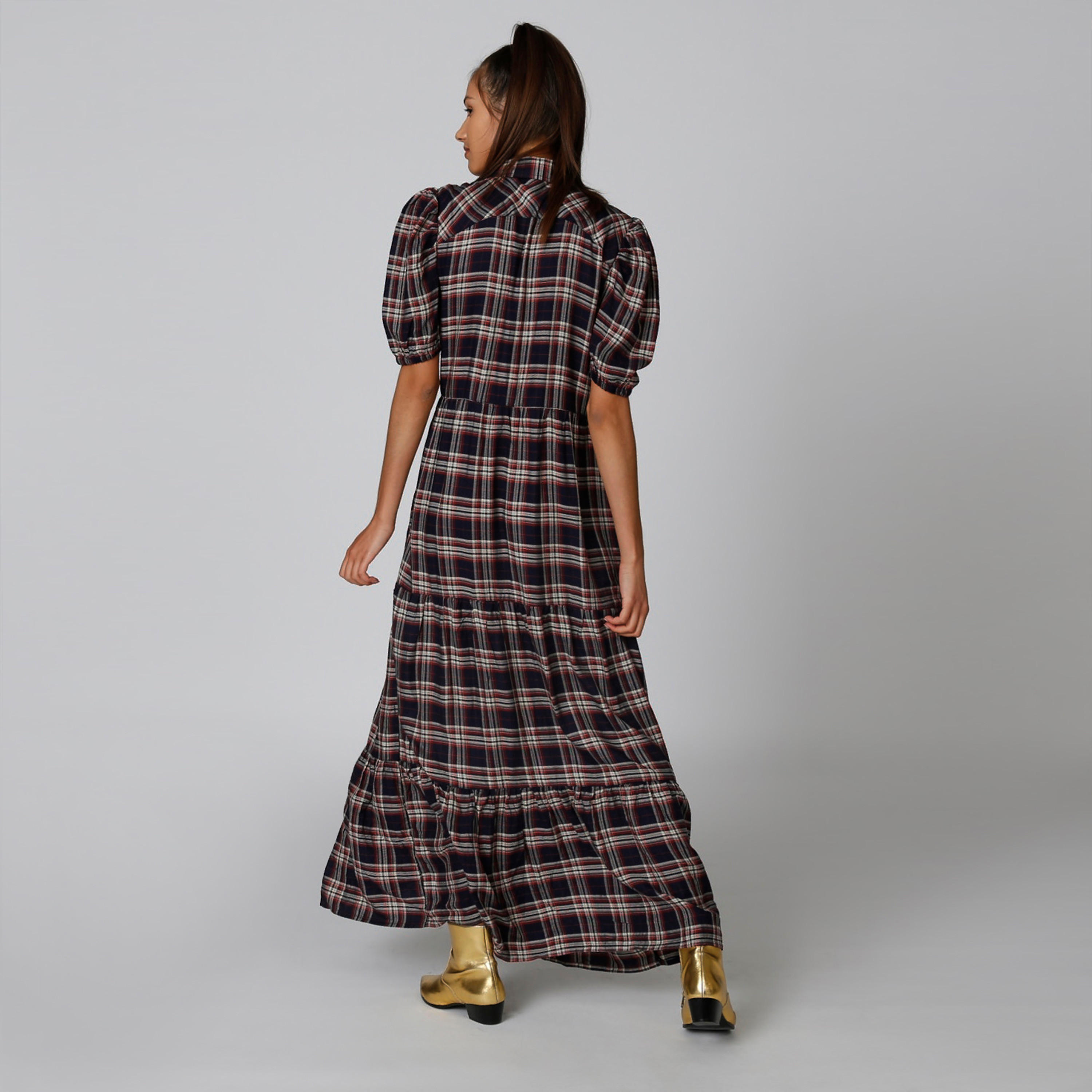 فستان قميص مستدام طويل إيه لاين كاروهات بأكمام قصيرة -women-clothing-dresses-image-2