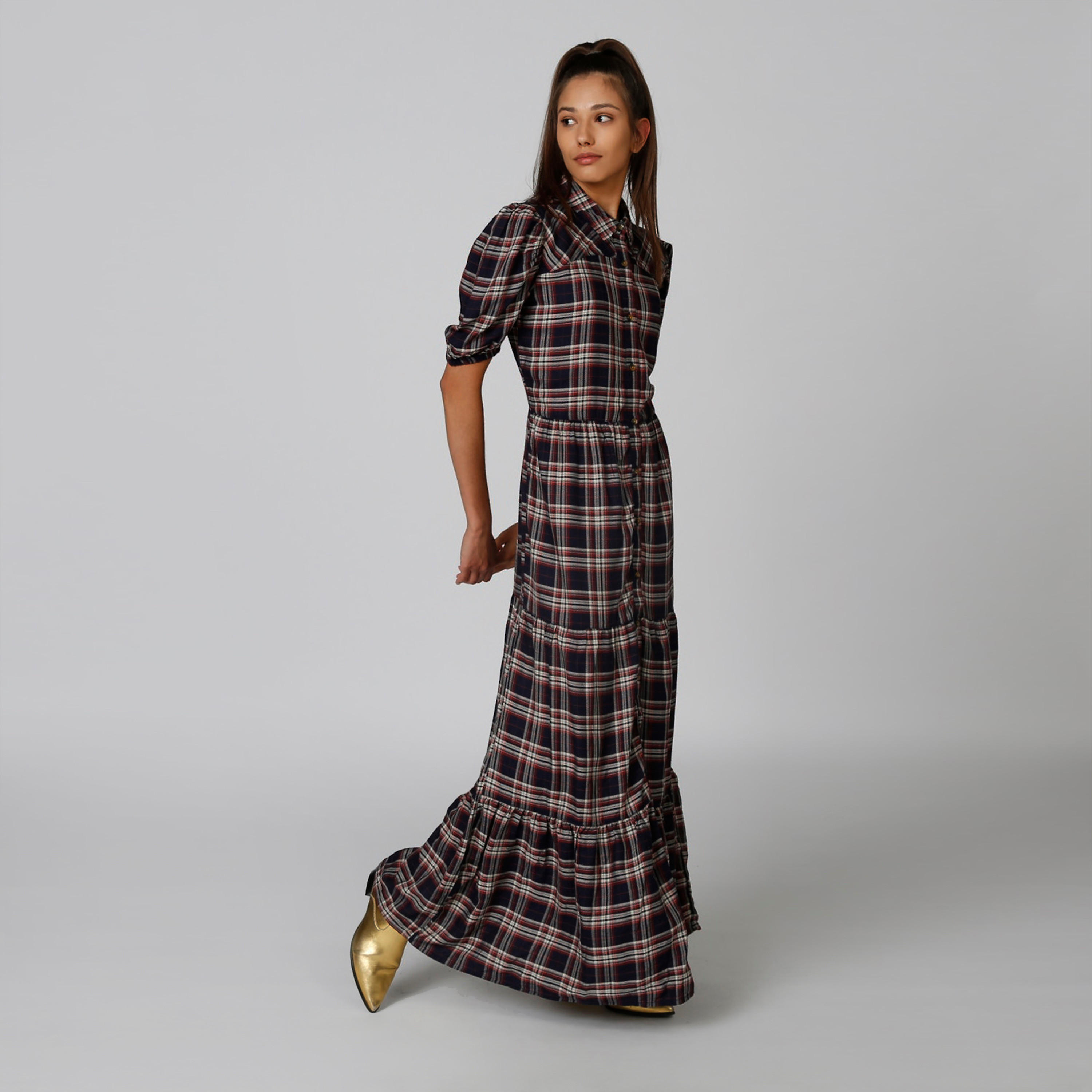 فستان قميص مستدام طويل إيه لاين كاروهات بأكمام قصيرة -women-clothing-dresses-image-3