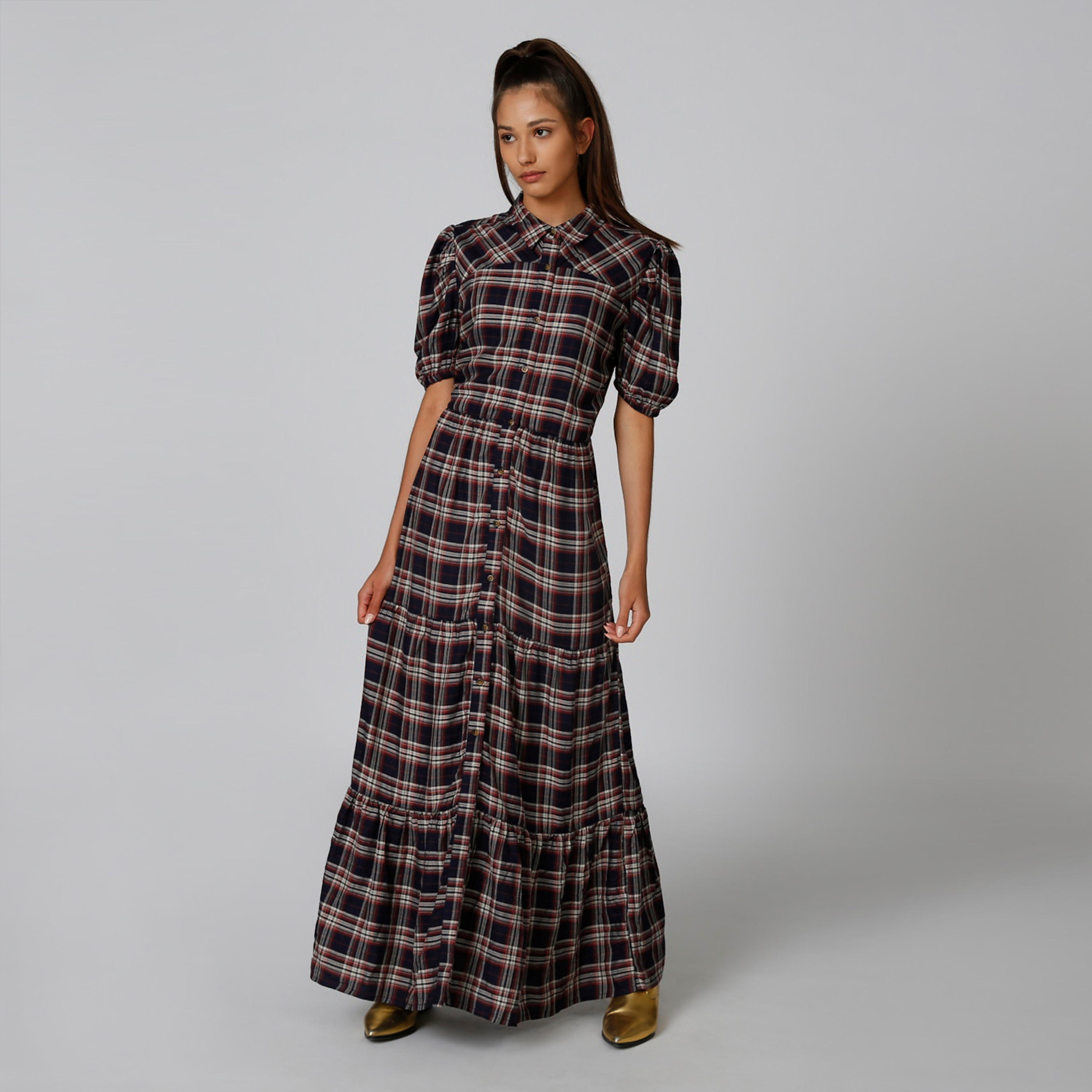 فستان قميص مستدام طويل إيه لاين كاروهات بأكمام قصيرة -women-clothing-dresses-image-4