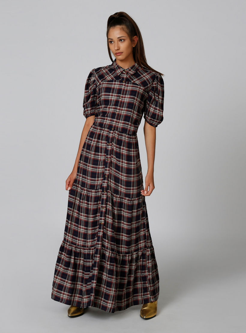 فستان قميص مستدام طويل إيه لاين كاروهات بأكمام قصيرة -women-clothing-dresses-image-4