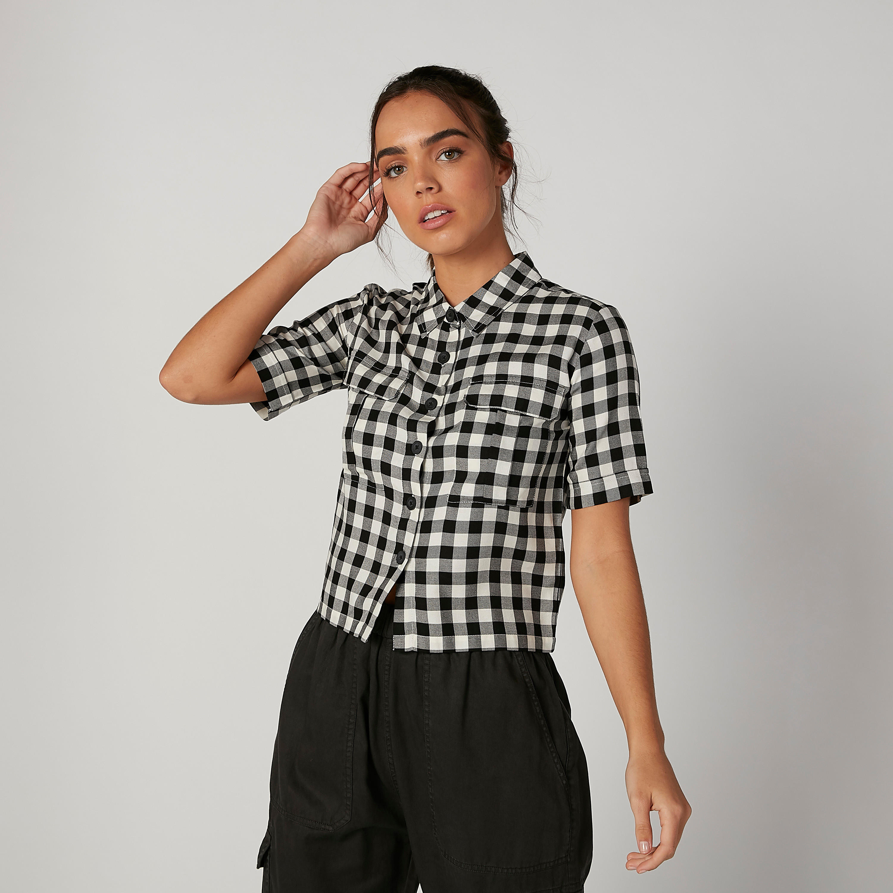 قميص مستدام كاروهات بياقة عاديّة وأكمام قصيرة-women-clothing-shirtsandblouses-shirts-image-1