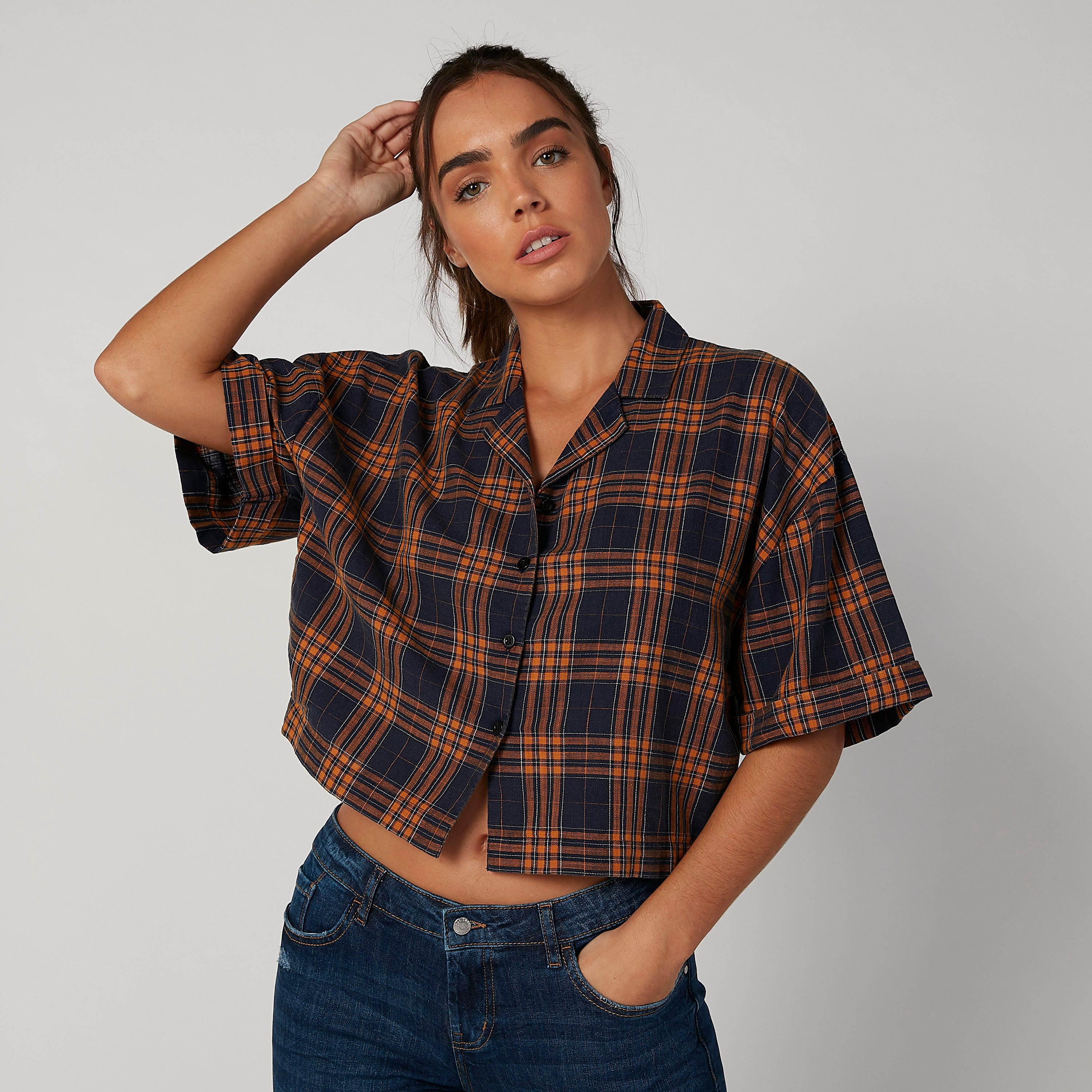 Sustainable Chequered Shirt with Spread Collar and Short Sleeves-women-clothing-shirtsandblouses-shirts-image-1