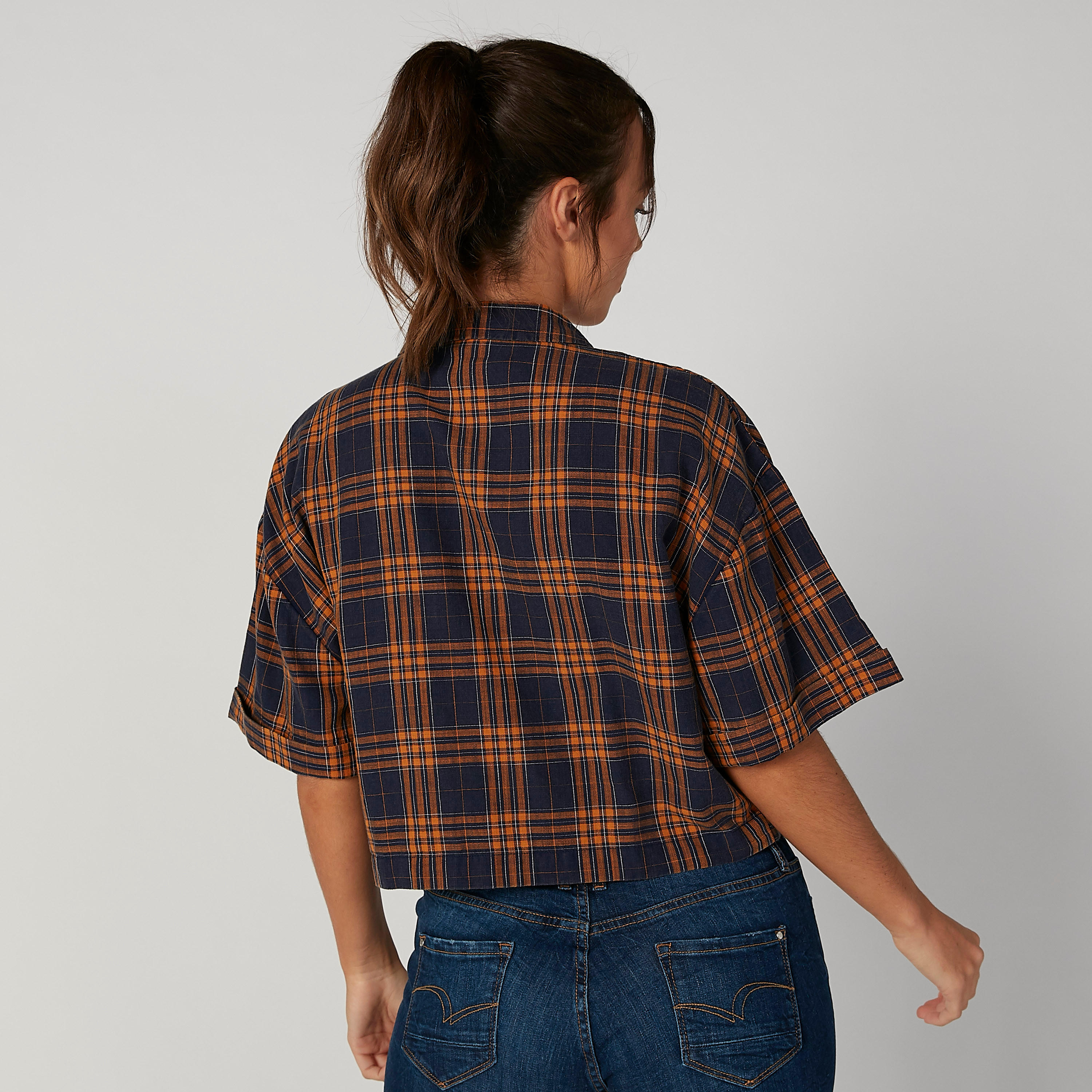 Sustainable Chequered Shirt with Spread Collar and Short Sleeves-women-clothing-shirtsandblouses-shirts-image-2