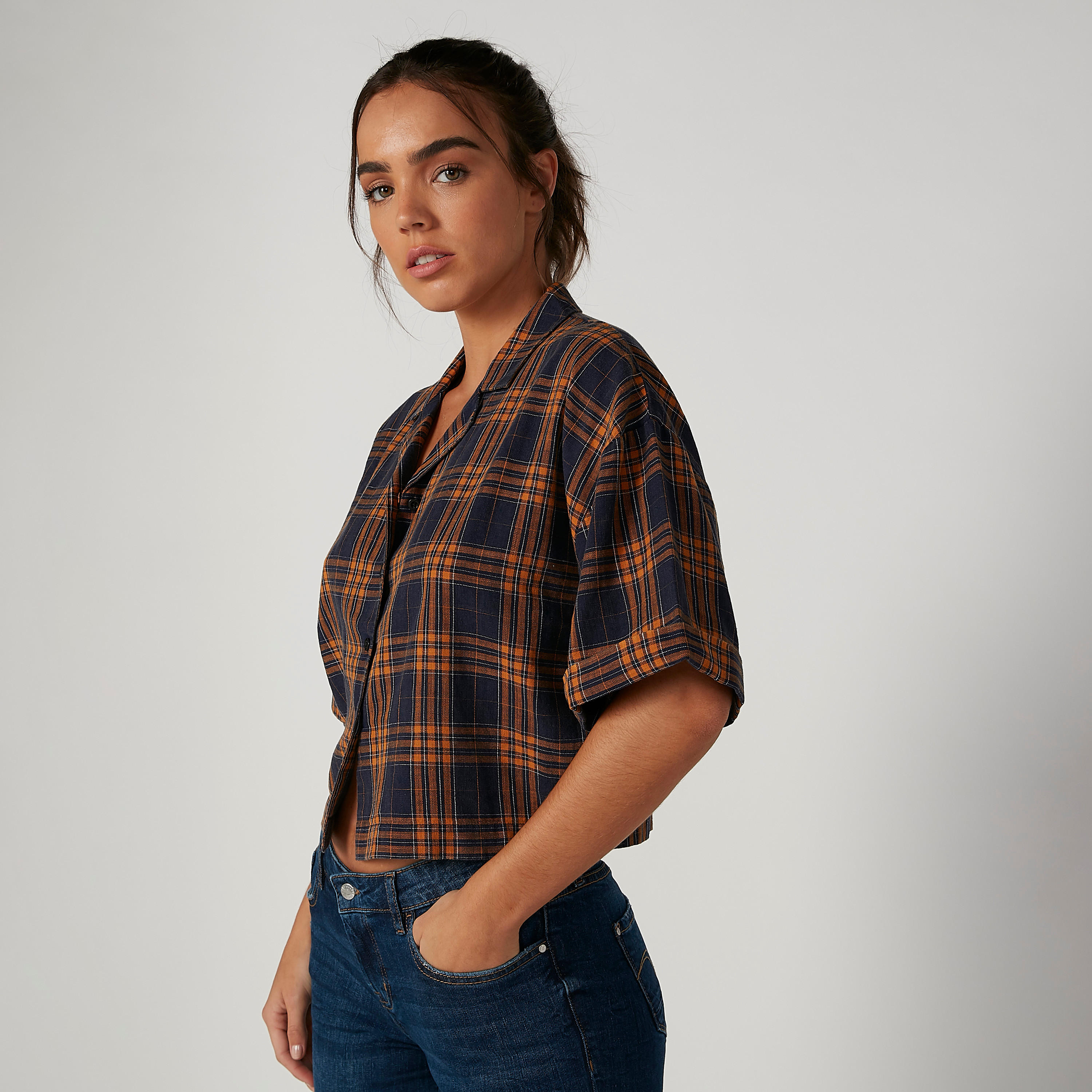 Sustainable Chequered Shirt with Spread Collar and Short Sleeves-women-clothing-shirtsandblouses-shirts-image-3