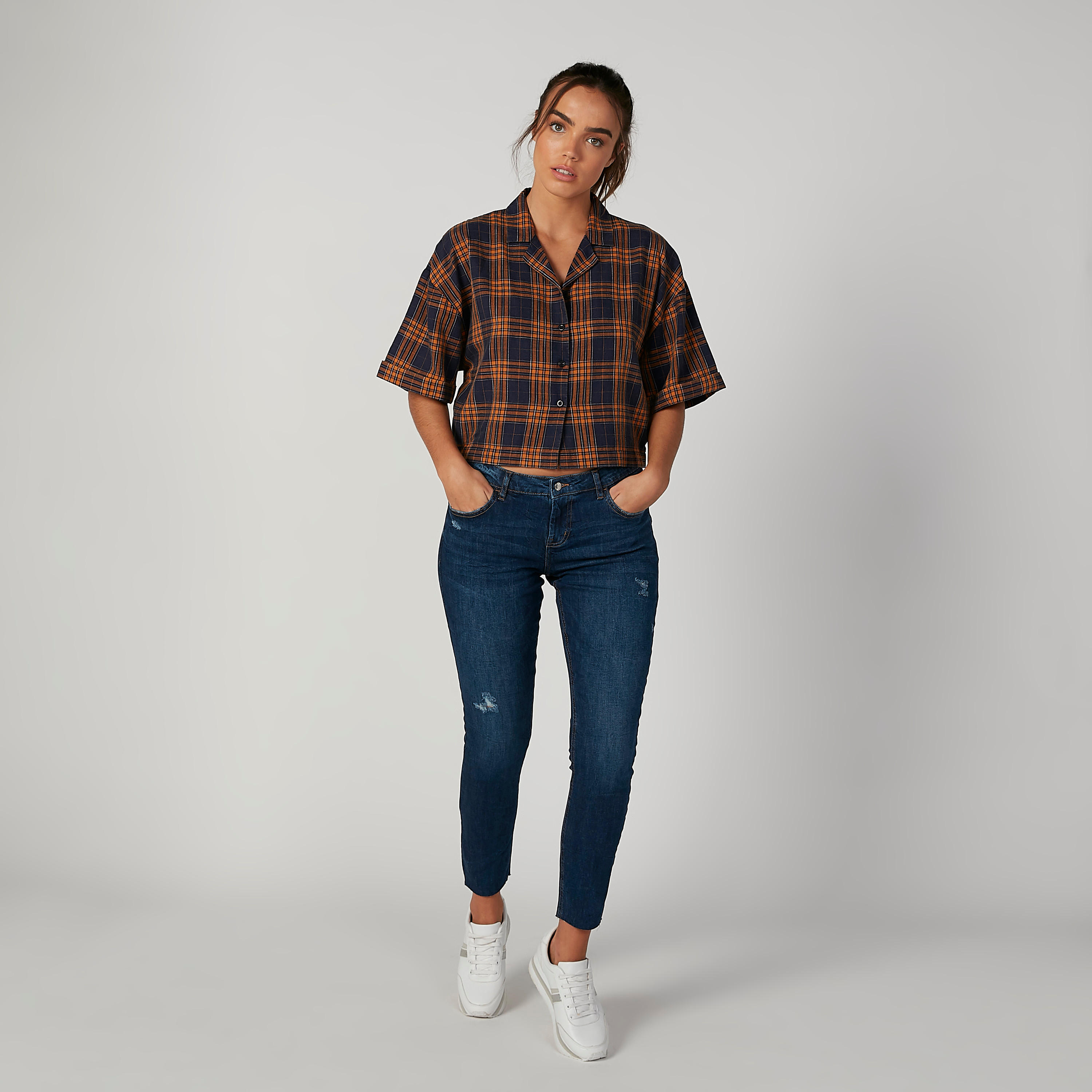 Sustainable Chequered Shirt with Spread Collar and Short Sleeves-women-clothing-shirtsandblouses-shirts-image-4