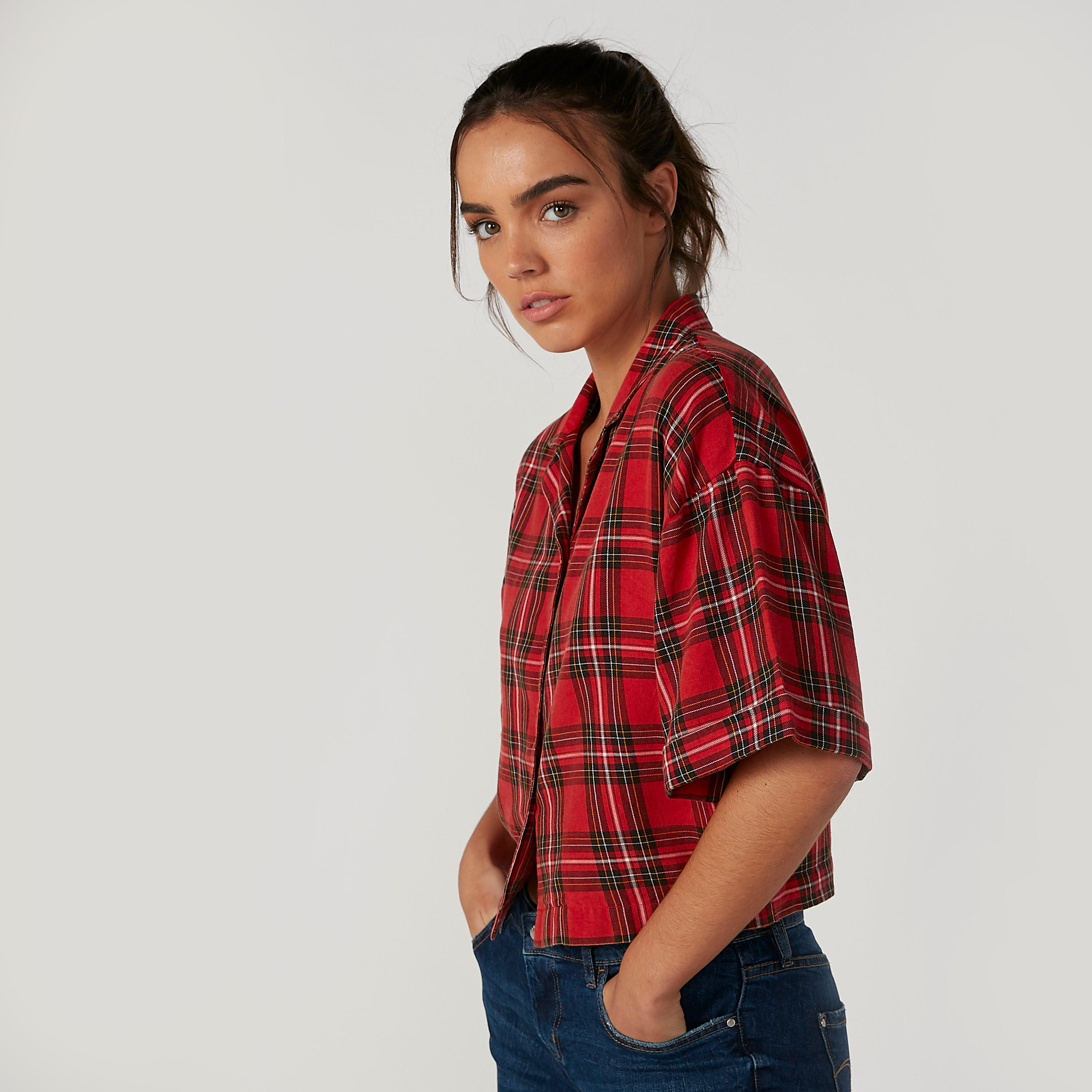 قميص مستدام كاروهات بياقة عاديّة وأكمام قصيرة -women-clothing-shirtsandblouses-shirts-image-5