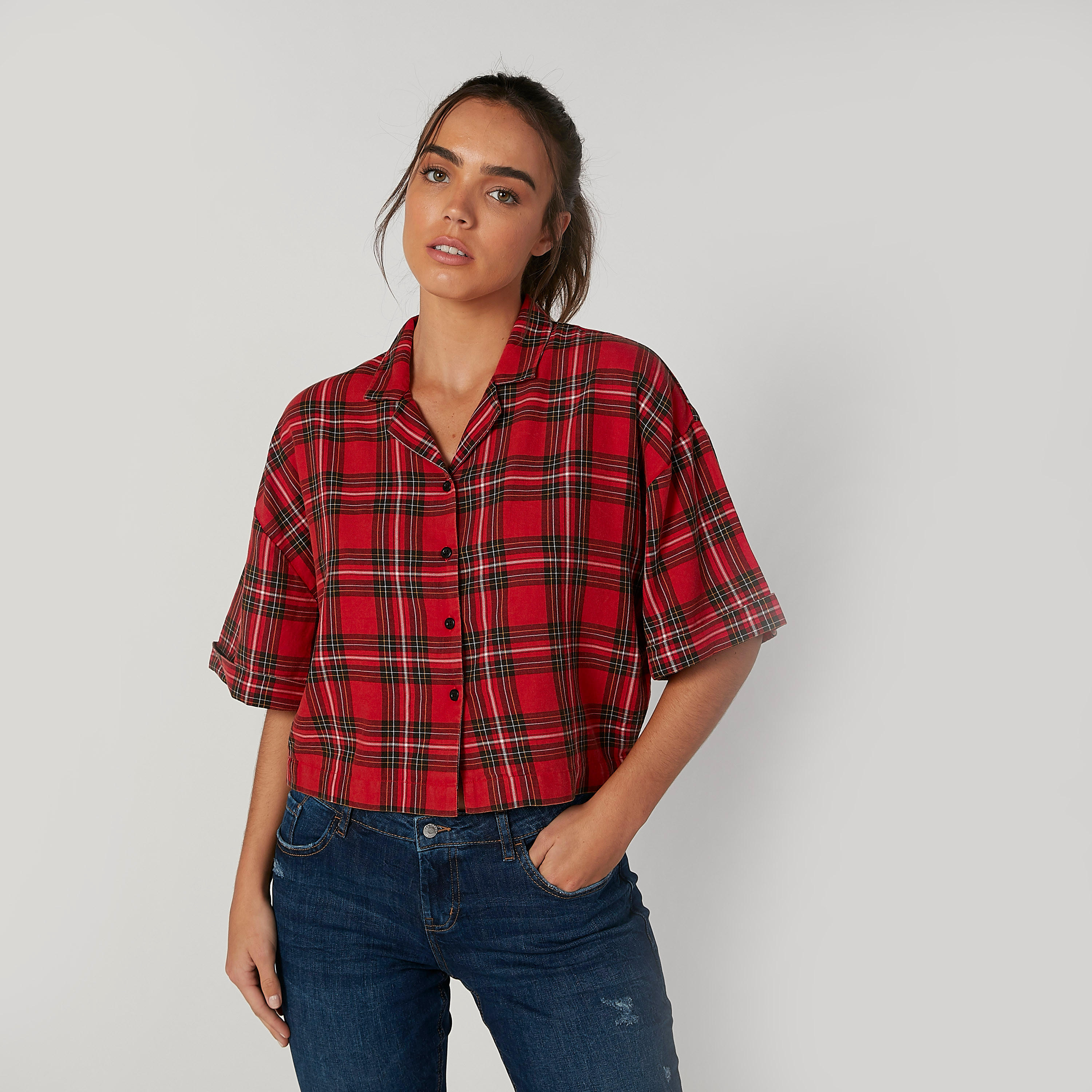 قميص مستدام كاروهات بياقة عاديّة وأكمام قصيرة -women-clothing-shirtsandblouses-shirts-image-3