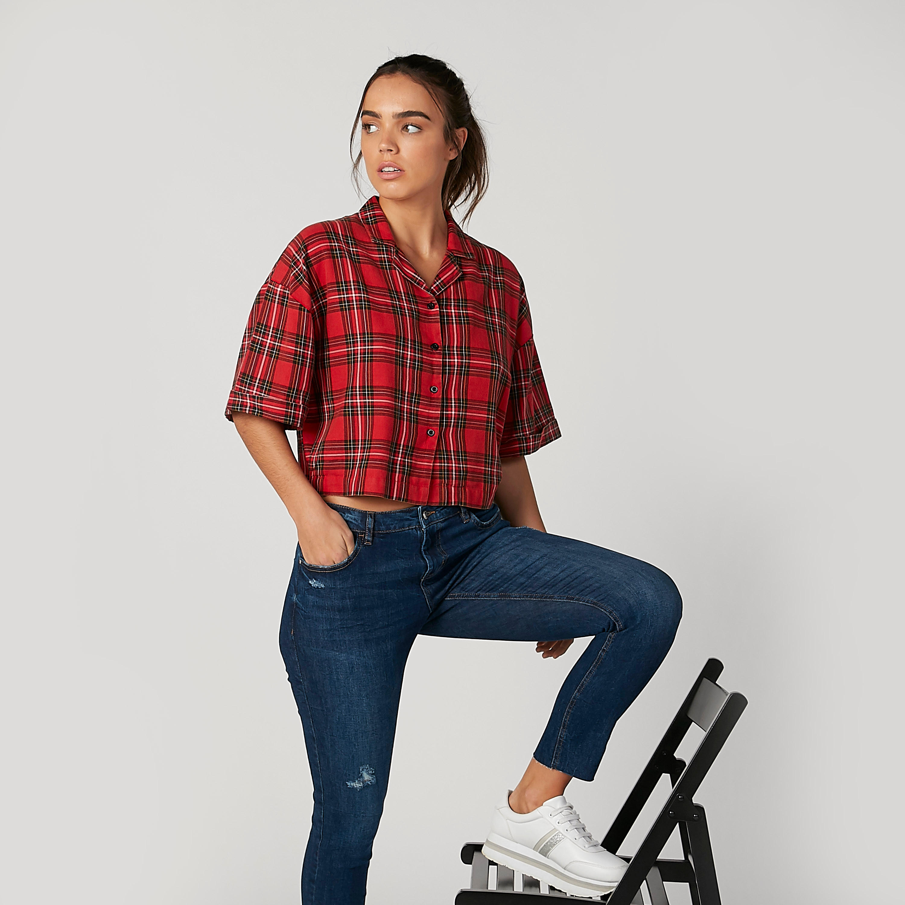 قميص مستدام كاروهات بياقة عاديّة وأكمام قصيرة -women-clothing-shirtsandblouses-shirts-image-2
