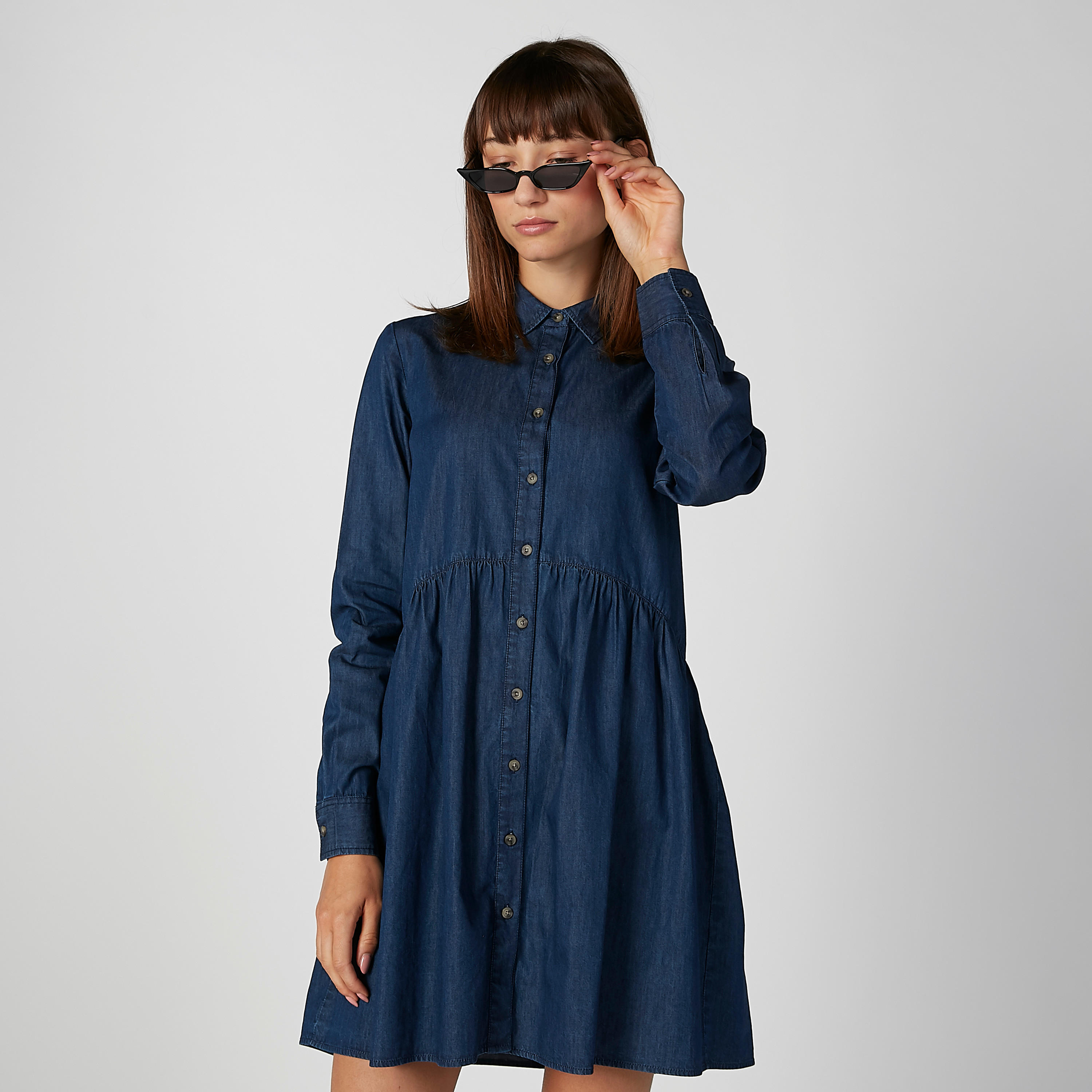 فستان قميص مستدام دنيم قصير بأكمام طويلة-women-clothing-dresses-image-2