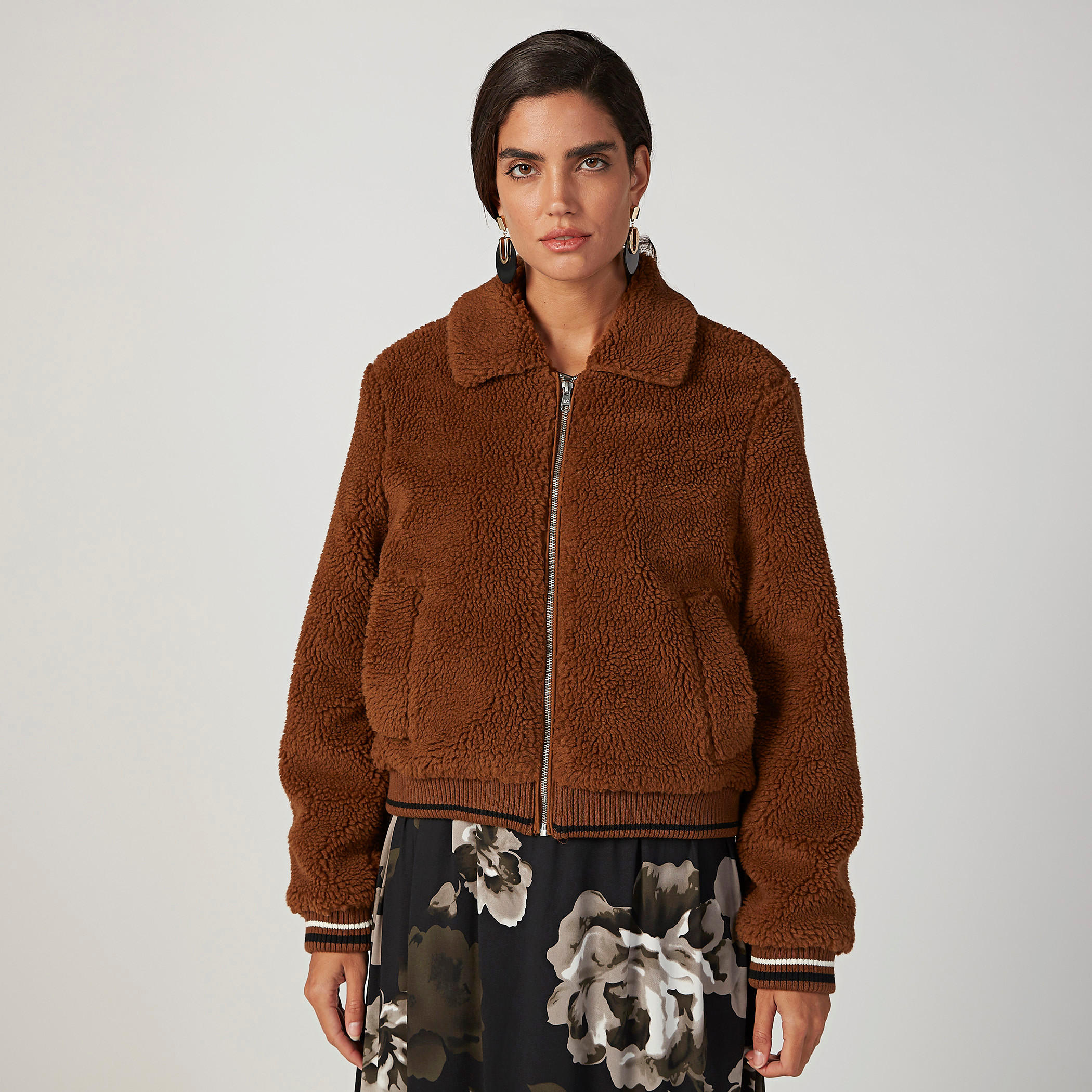 Sustainable Textured Bomber Jacket with Pockets-women-winterwear-coatsandjackets-jackets-image-1