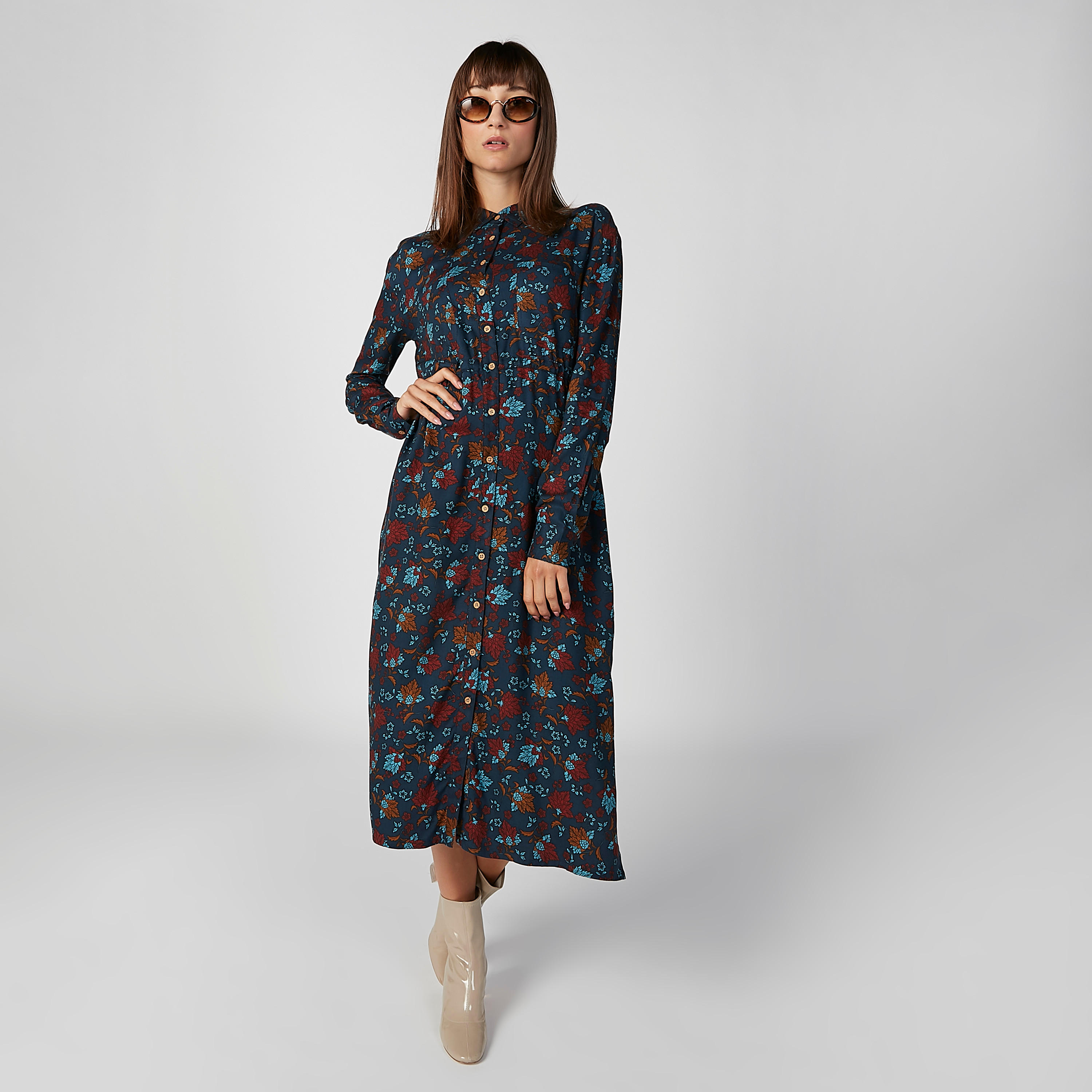 فستان قميص مستدام ميدي بأكمام طويلة وطبعات زهرية-women-clothing-dresses-image-1