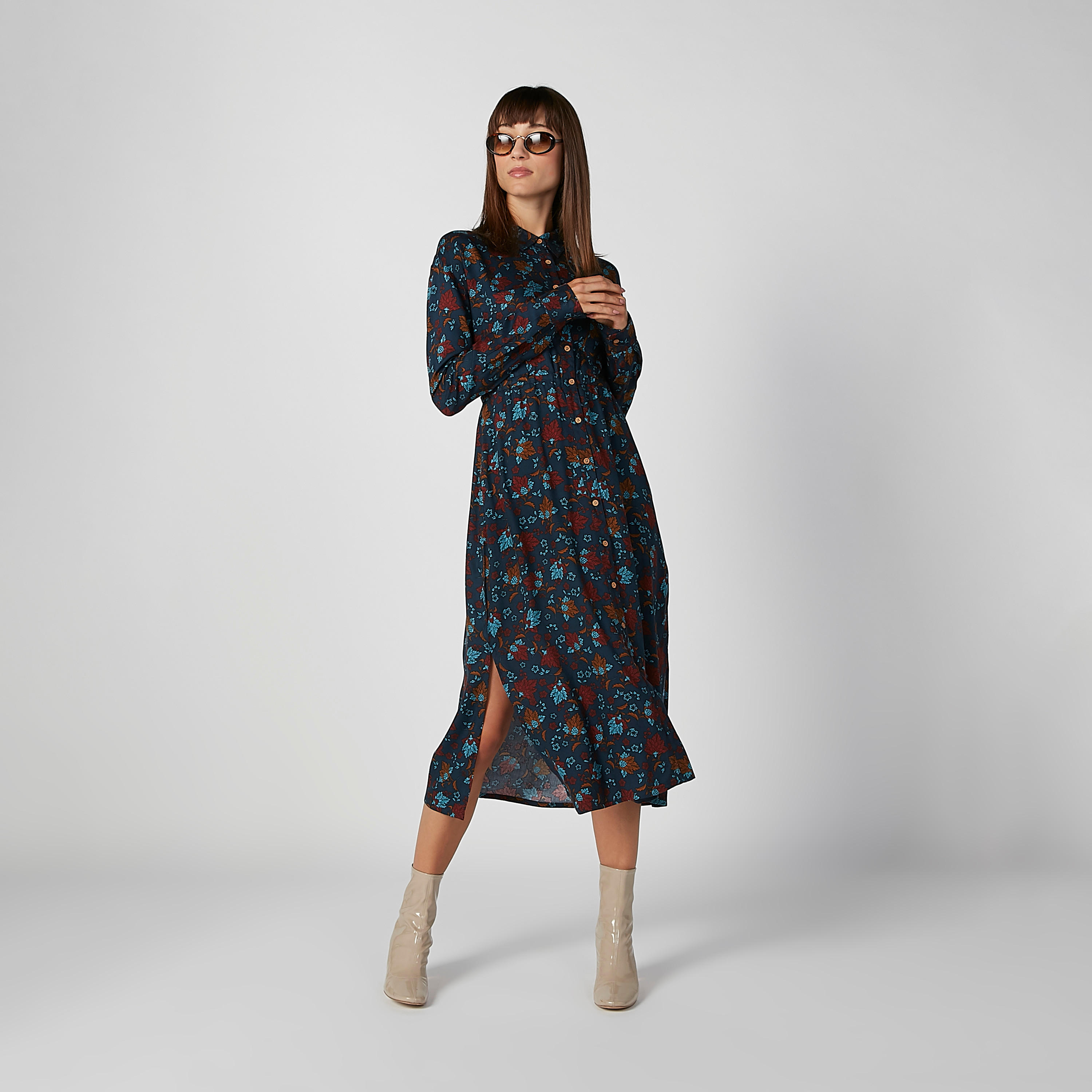 فستان قميص مستدام ميدي بأكمام طويلة وطبعات زهرية-women-clothing-dresses-image-2