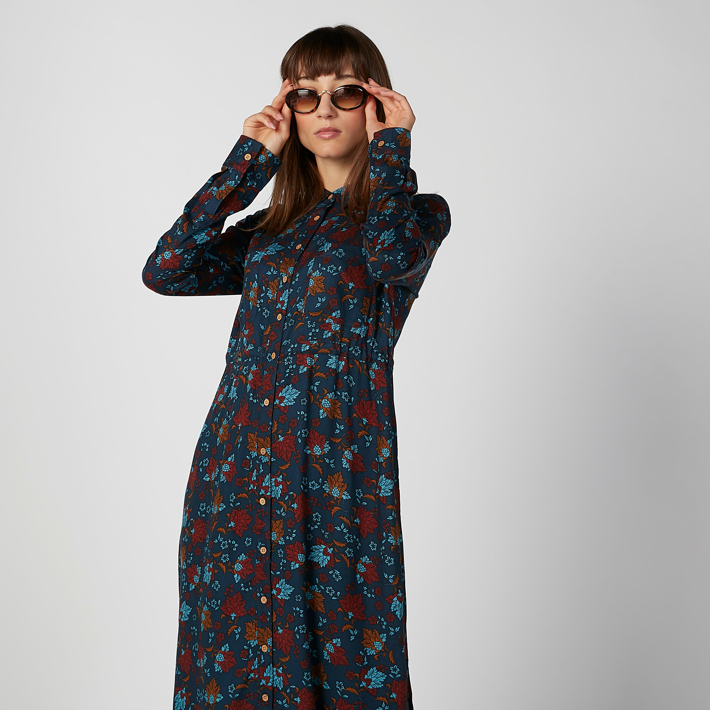 فستان قميص مستدام ميدي بأكمام طويلة وطبعات زهرية-women-clothing-dresses-image-3