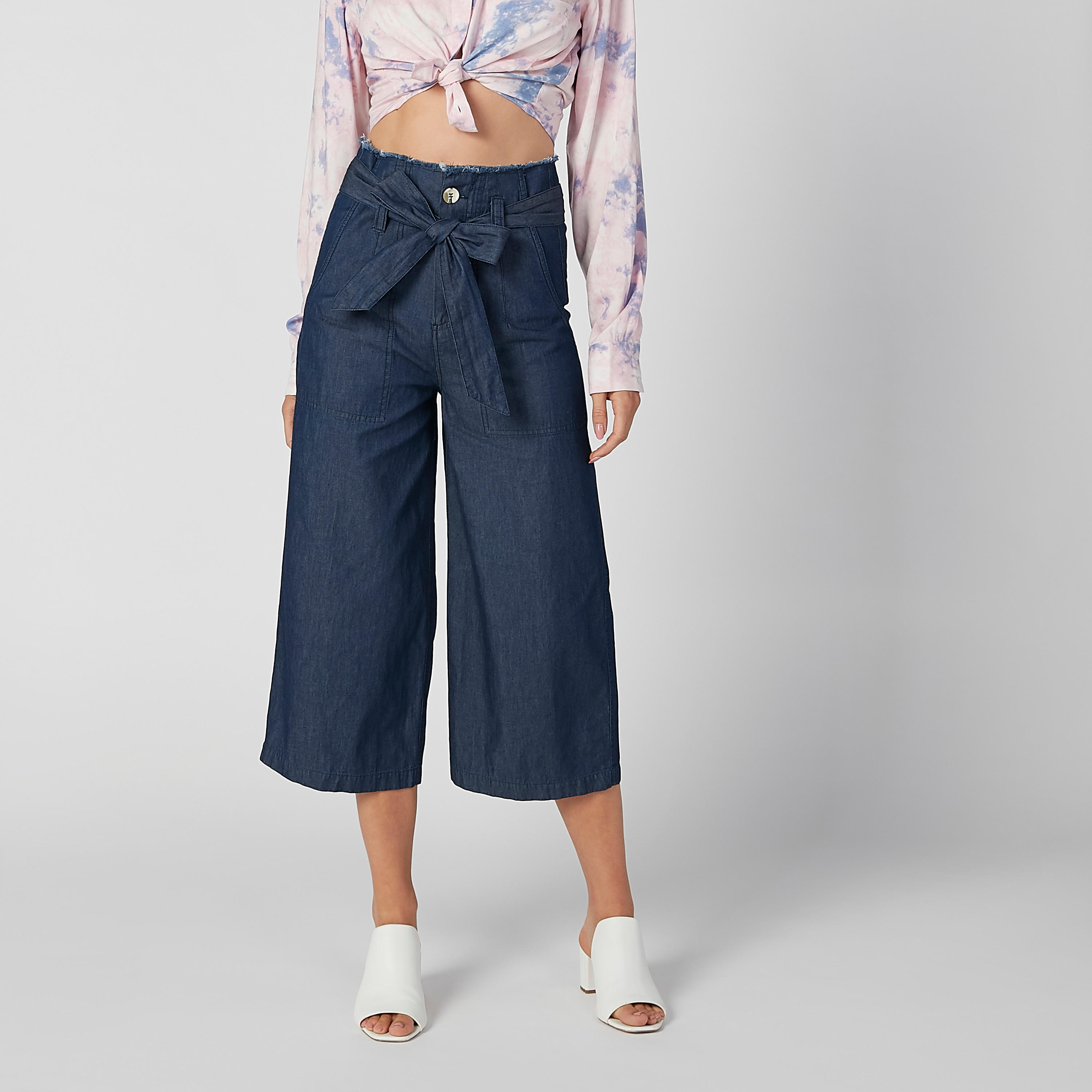 بنطلون واسع الساقين سادة بجيوب وأربطة من لي كوبر-women-clothing-bottoms-trousers-image-4