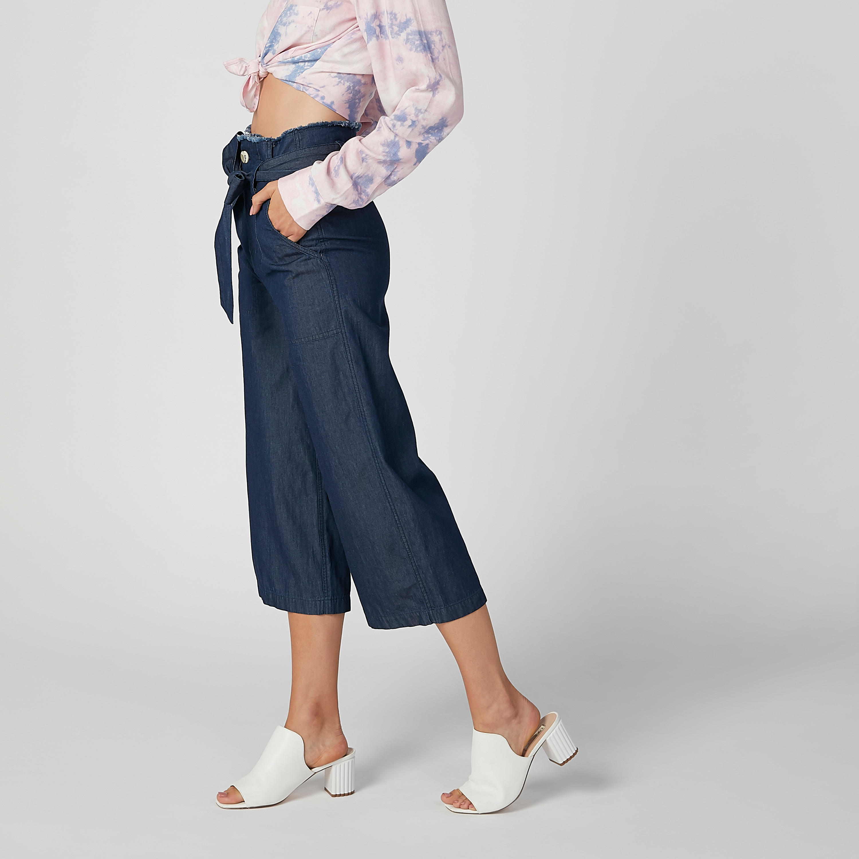 بنطلون واسع الساقين سادة بجيوب وأربطة من لي كوبر-women-clothing-bottoms-trousers-image-3