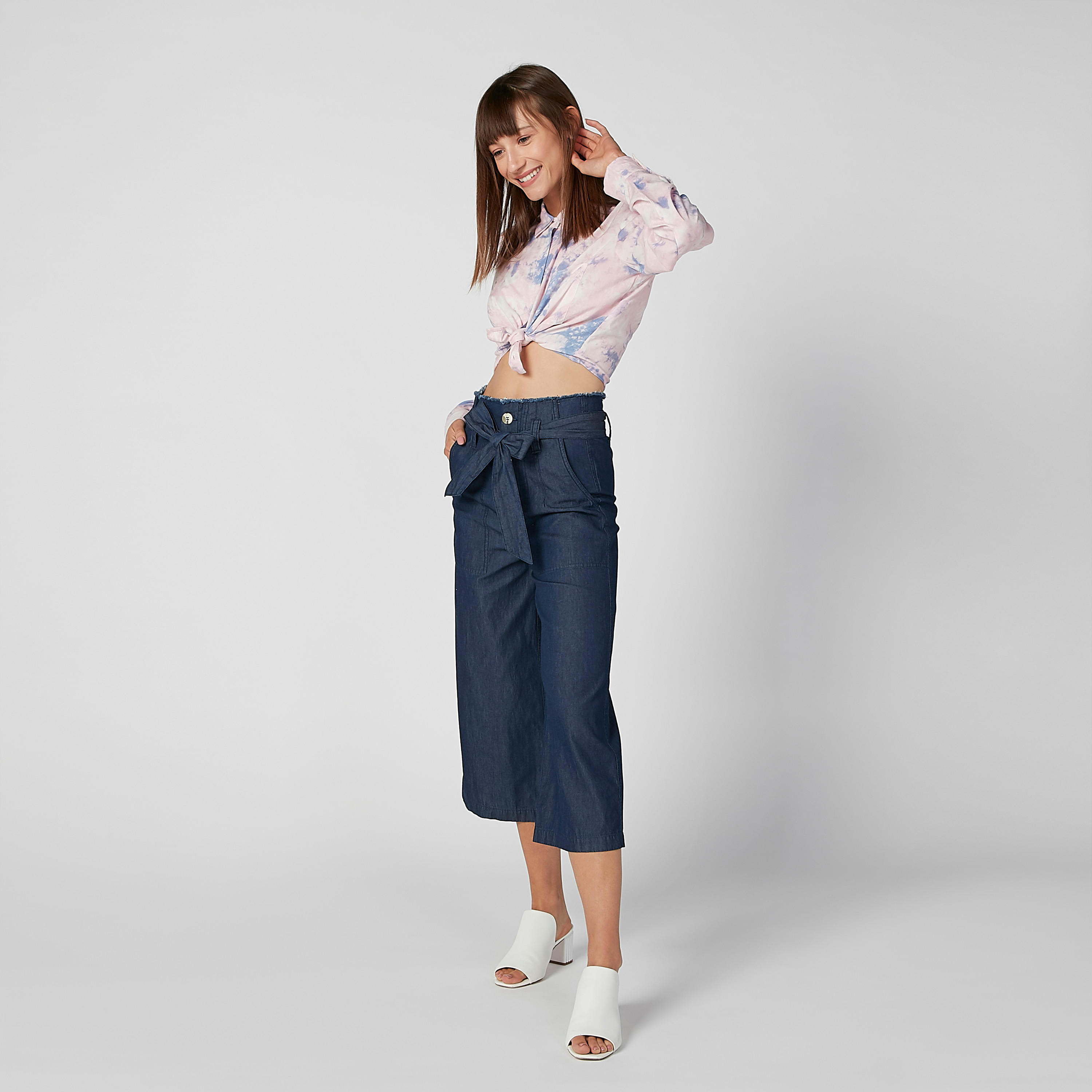 بنطلون واسع الساقين سادة بجيوب وأربطة من لي كوبر-women-clothing-bottoms-trousers-image-1