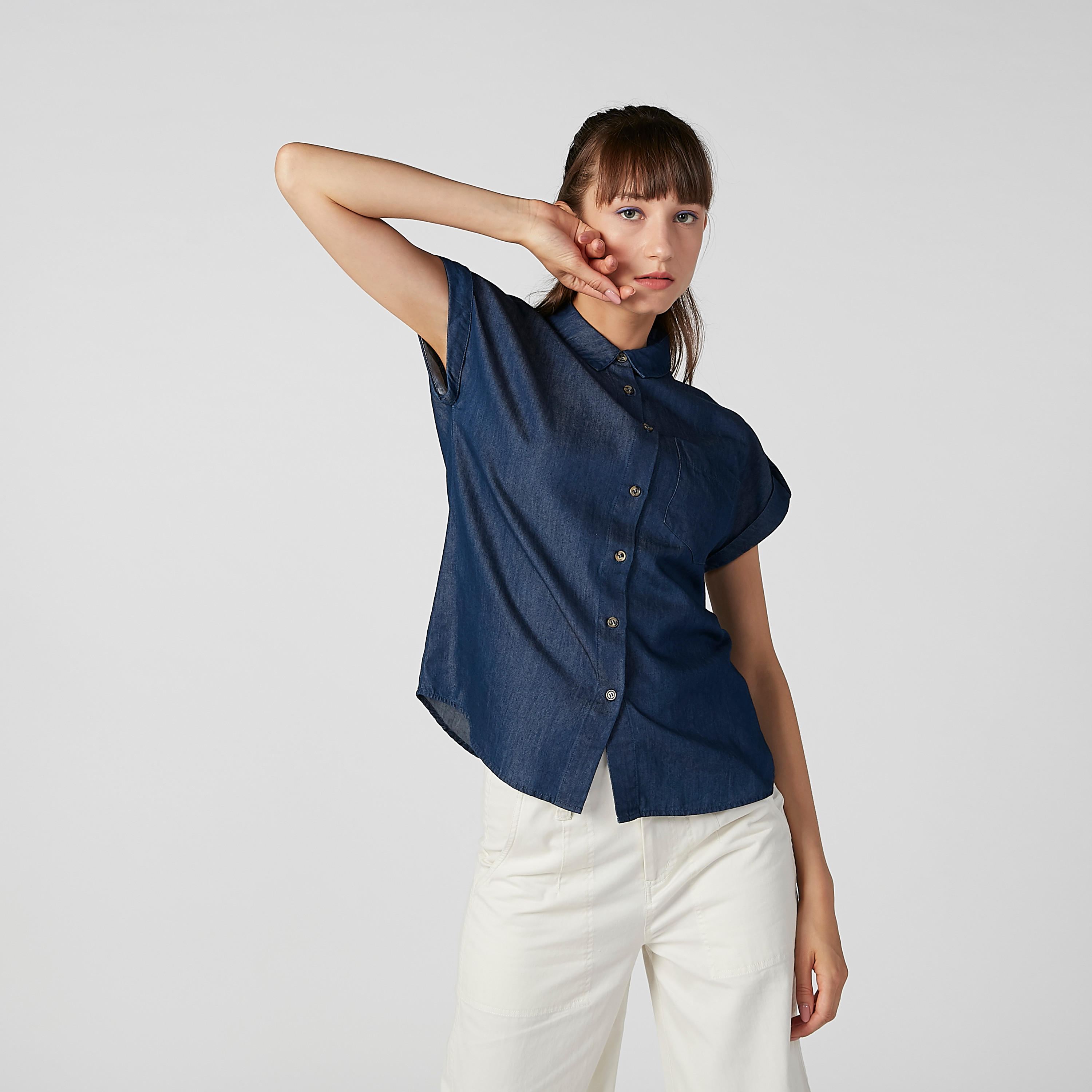 قميص سادة بياقة عاديّة وأكمام قصيرة-women-clothing-shirtsandblouses-shirts-image-1