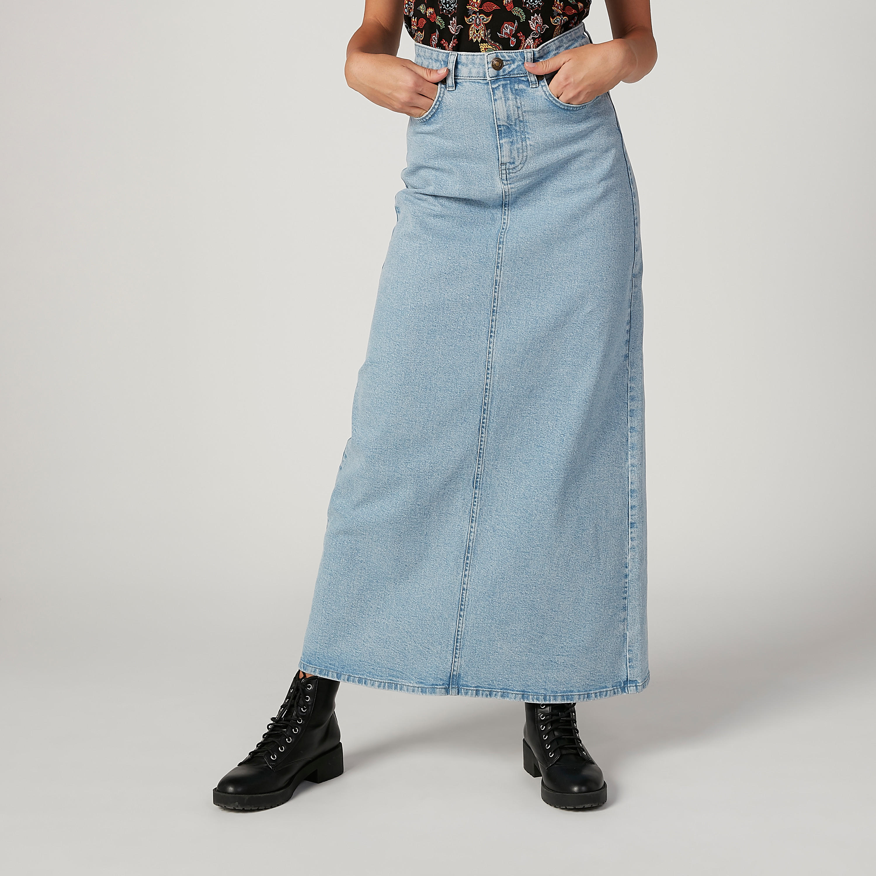 تنورة ماكسي إيه لاين دينم بزر للاغلاق -women-clothing-bottoms-skirts-image-4
