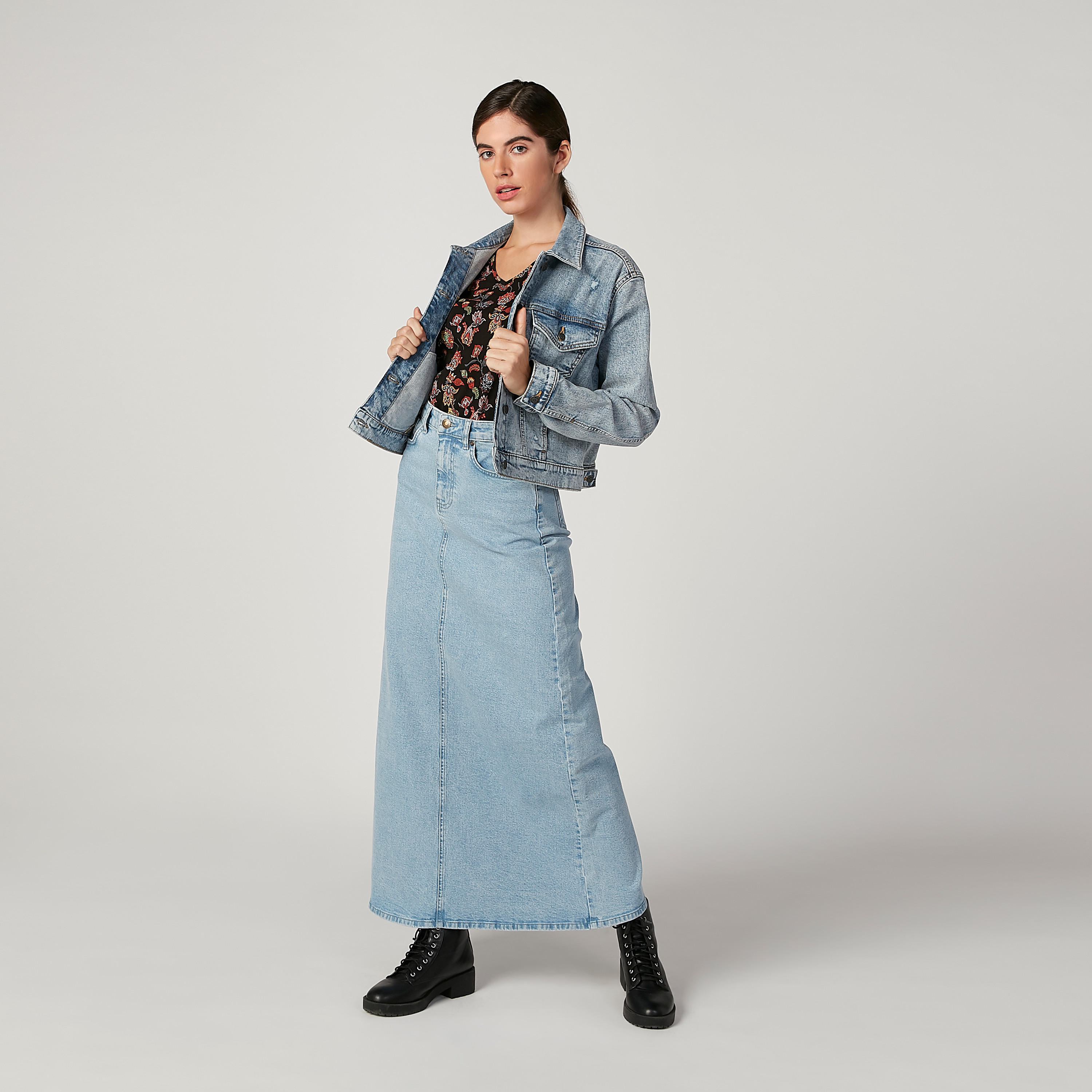 تنورة ماكسي إيه لاين دينم بزر للاغلاق -women-clothing-bottoms-skirts-image-3