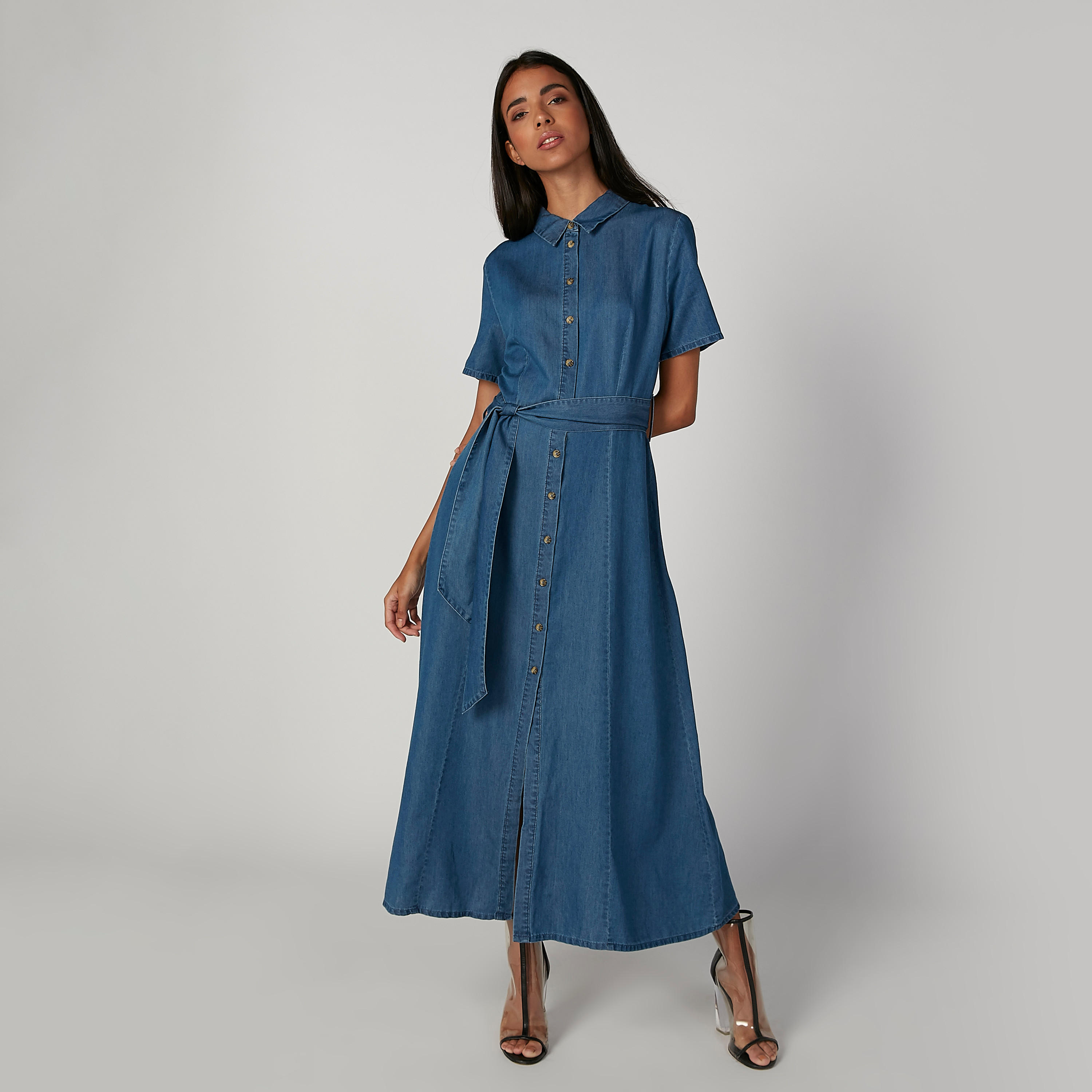 Lee Cooper Plain Maxi A-line Shirt Dress with Short Sleeves-women-clothing-dresses-image-1
