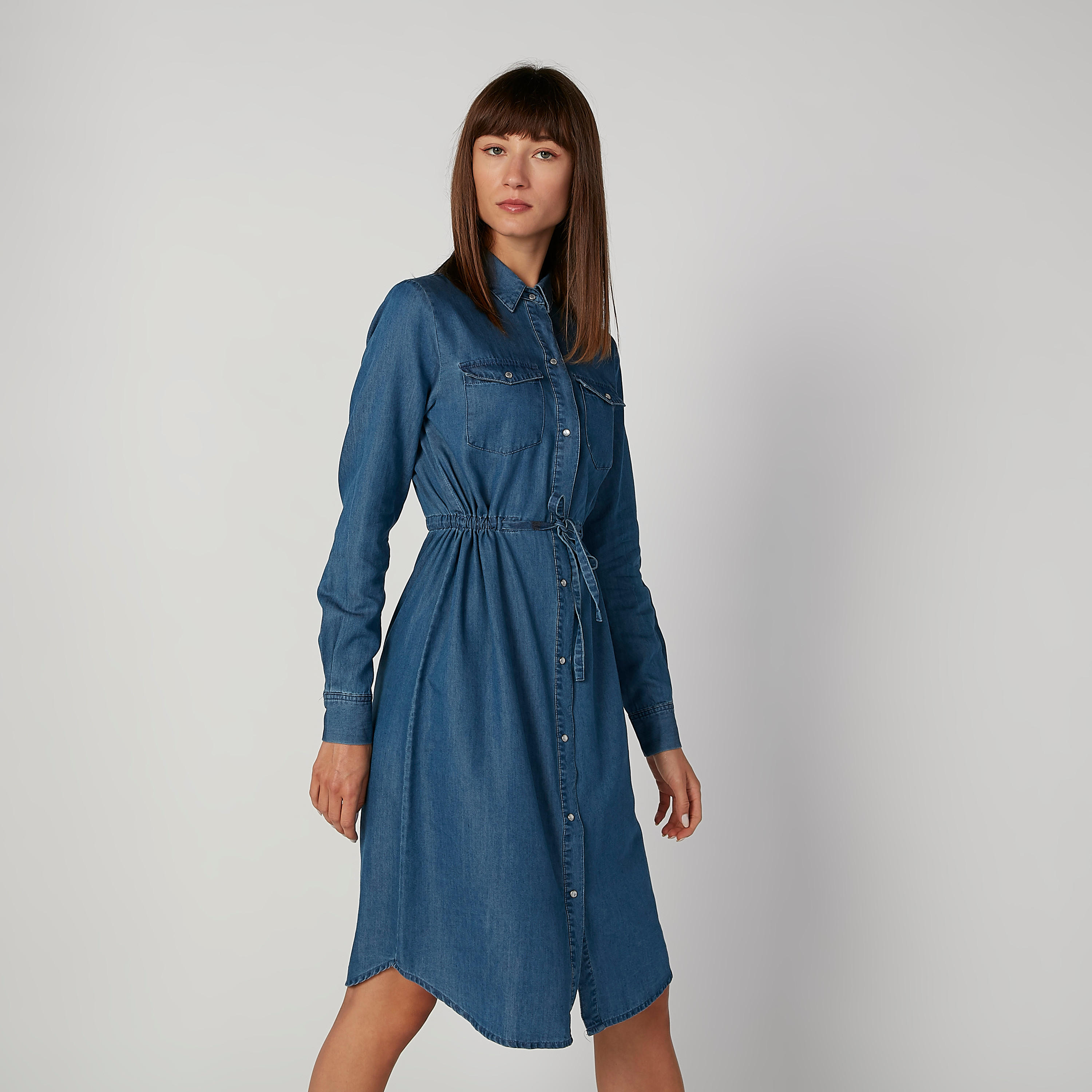 فستان قميص مستدام ميدي سادة بأكمام طويلة وأربطة -women-clothing-dresses-image-1