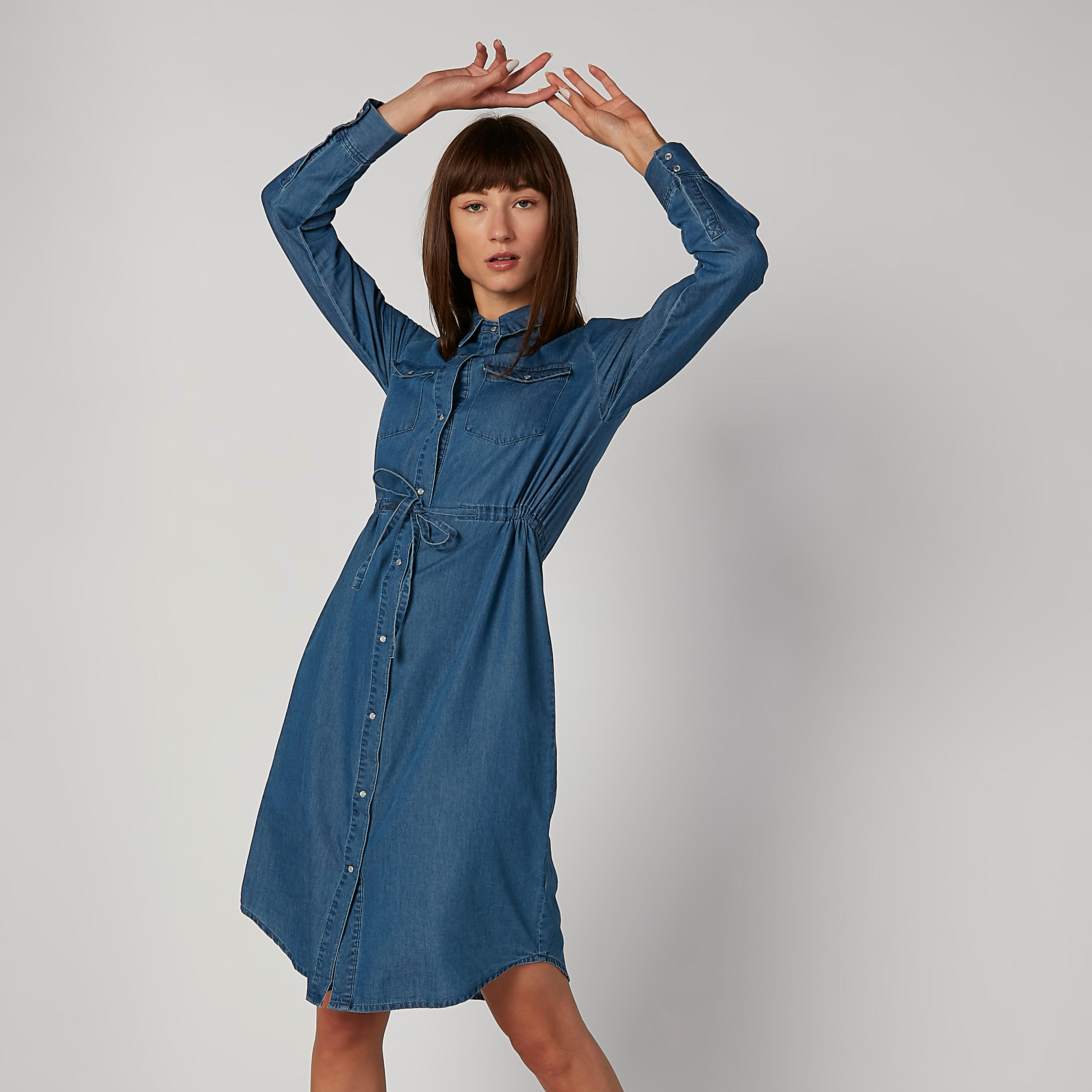 فستان قميص مستدام ميدي سادة بأكمام طويلة وأربطة -women-clothing-dresses-image-3