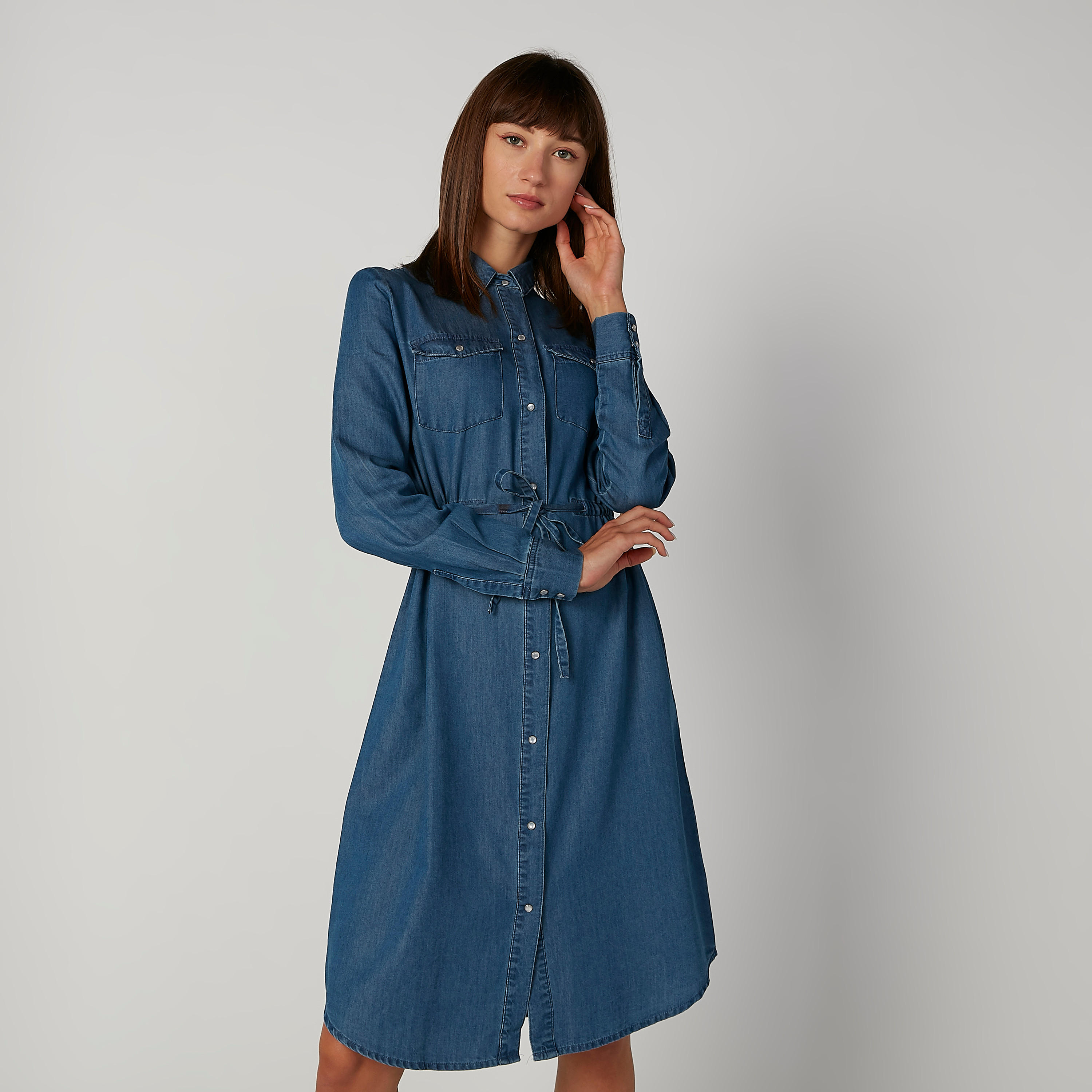فستان قميص مستدام ميدي سادة بأكمام طويلة وأربطة -women-clothing-dresses-image-4