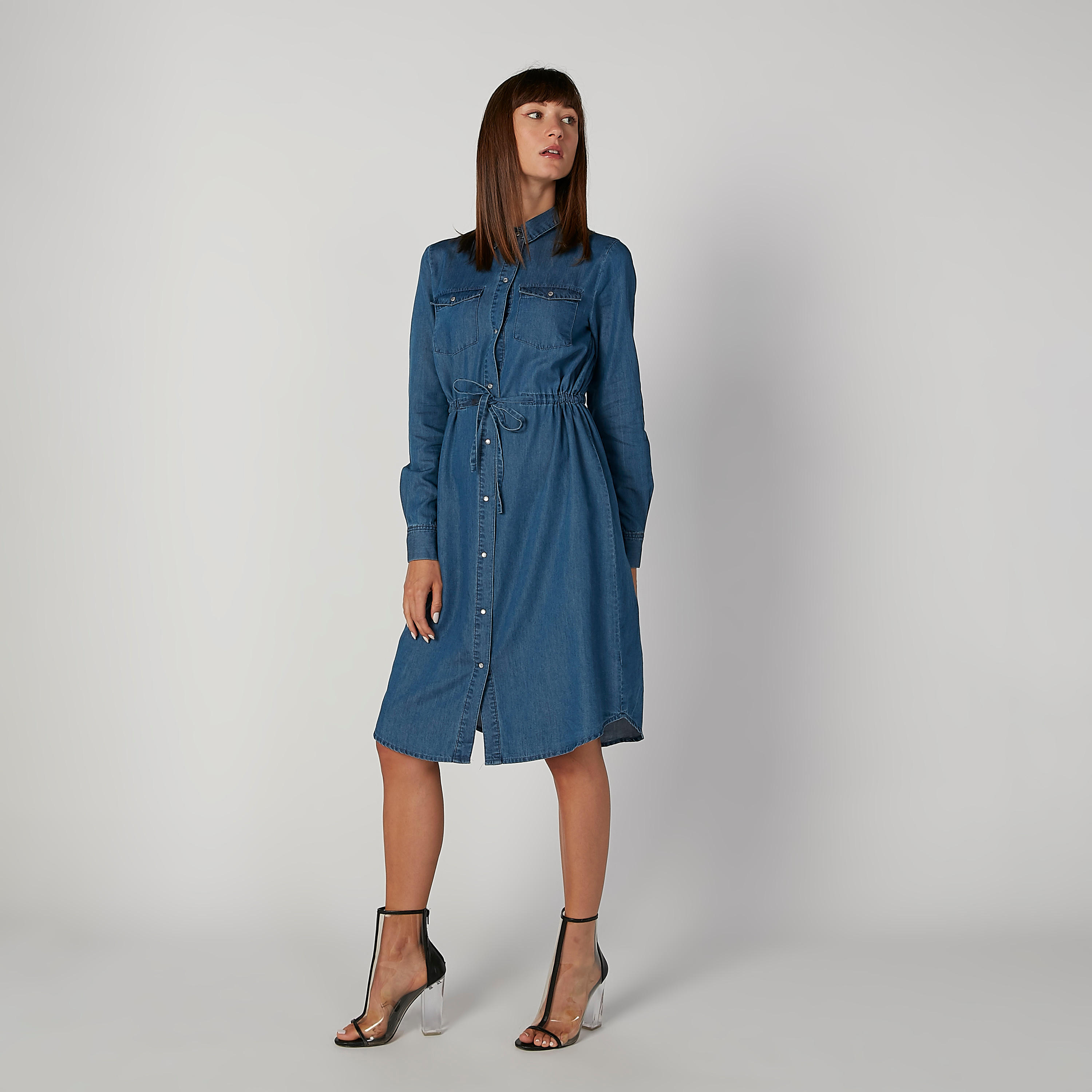 فستان قميص مستدام ميدي سادة بأكمام طويلة وأربطة -women-clothing-dresses-image-5