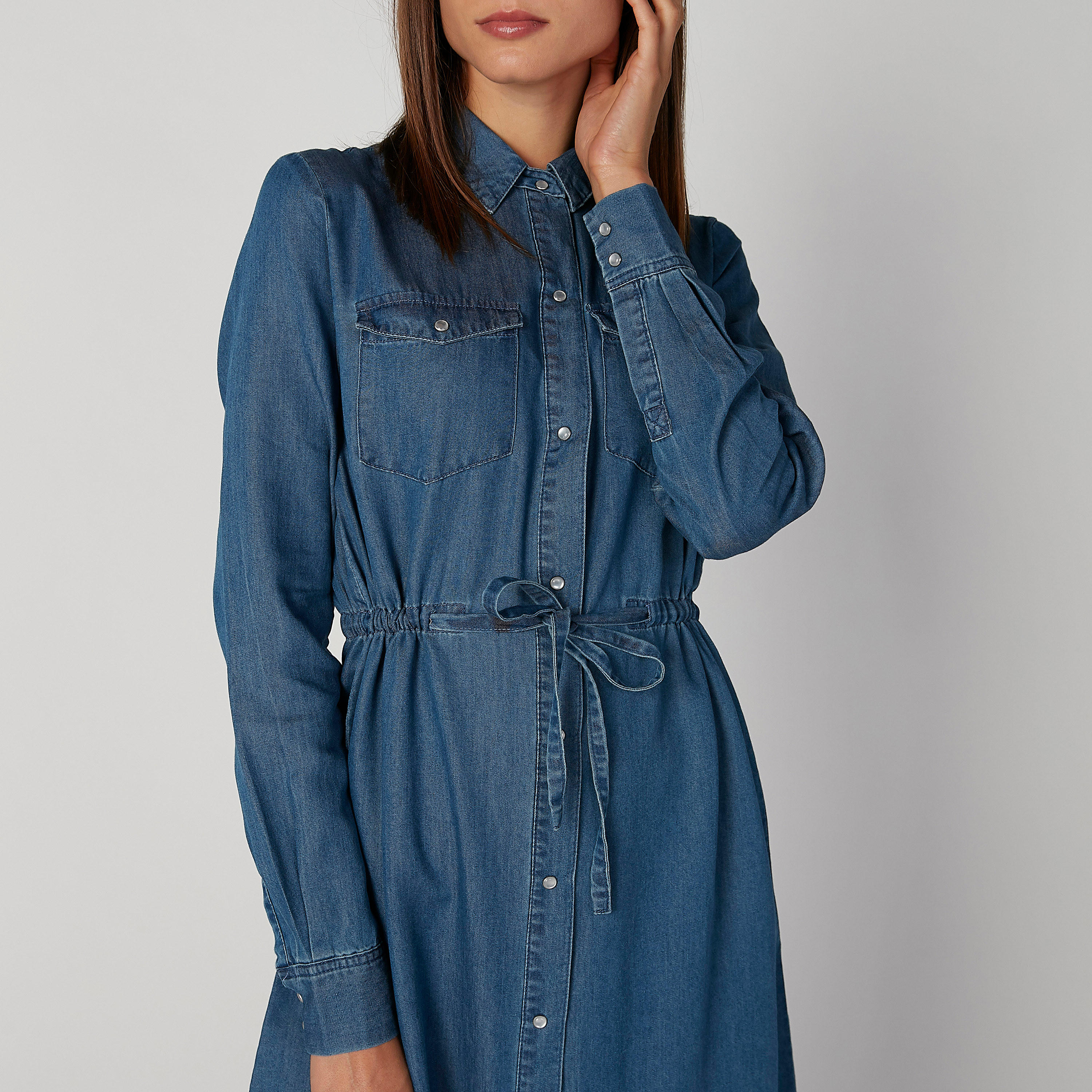 فستان قميص مستدام ميدي سادة بأكمام طويلة وأربطة -women-clothing-dresses-image-6