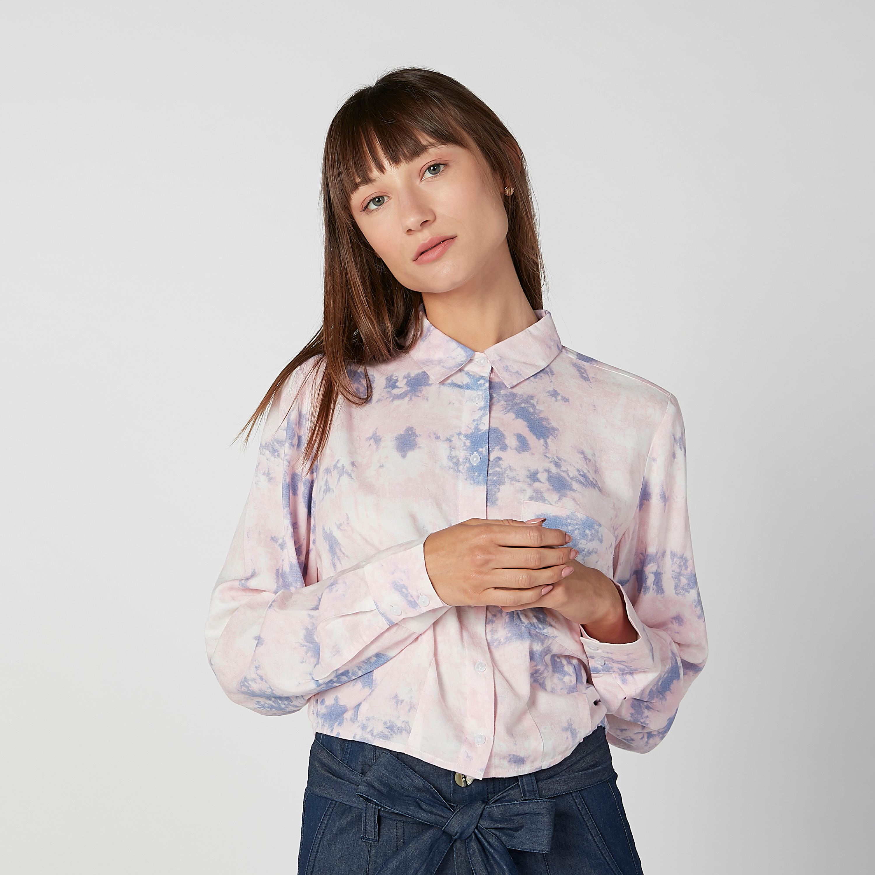 قميص مستدام قصير بأكمام طويلة وطبعات -women-clothing-shirtsandblouses-shirts-image-1